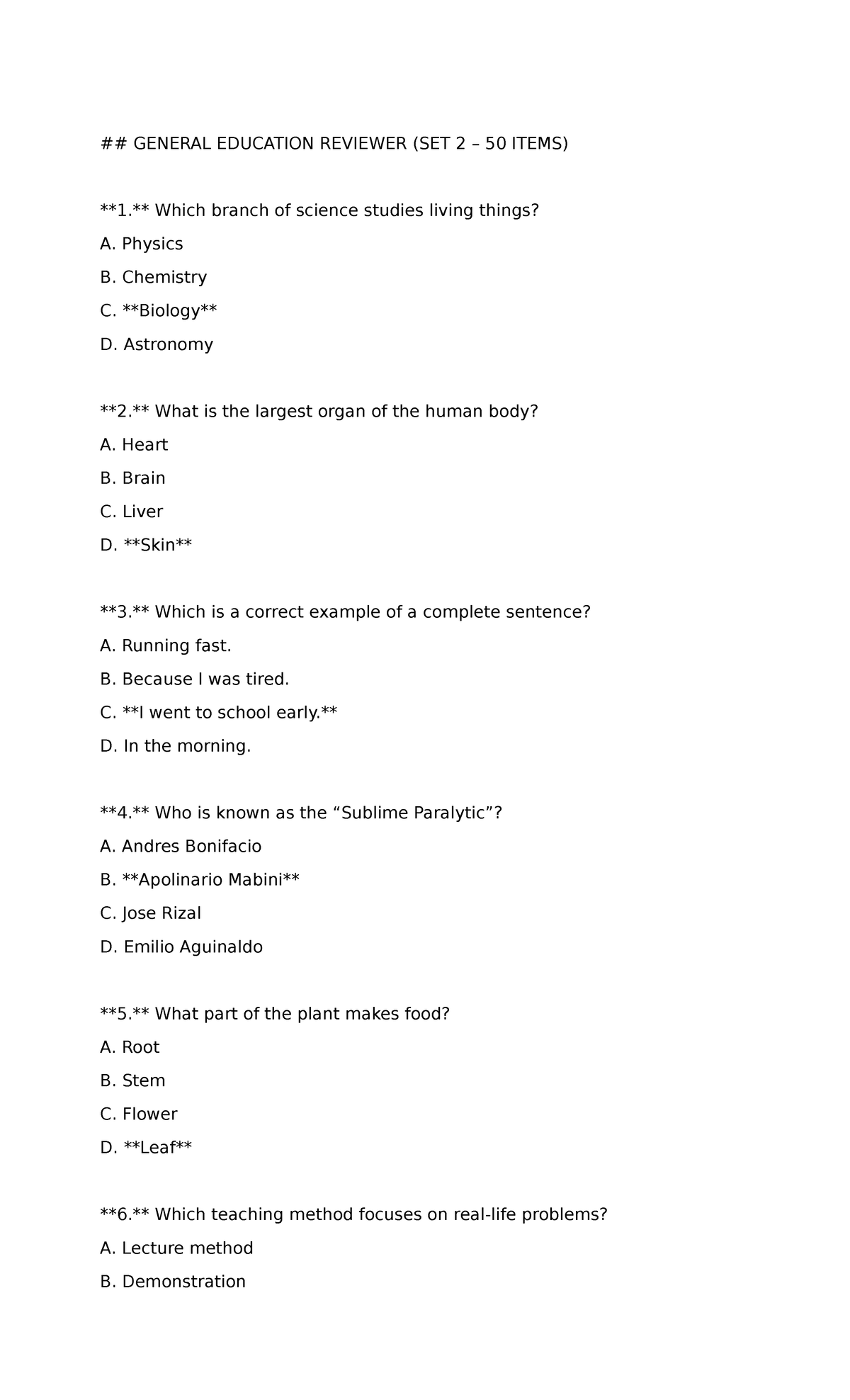 GEN ED REVIEWER (SET 2) - 50 ITEMS FOR STUDY - Studocu