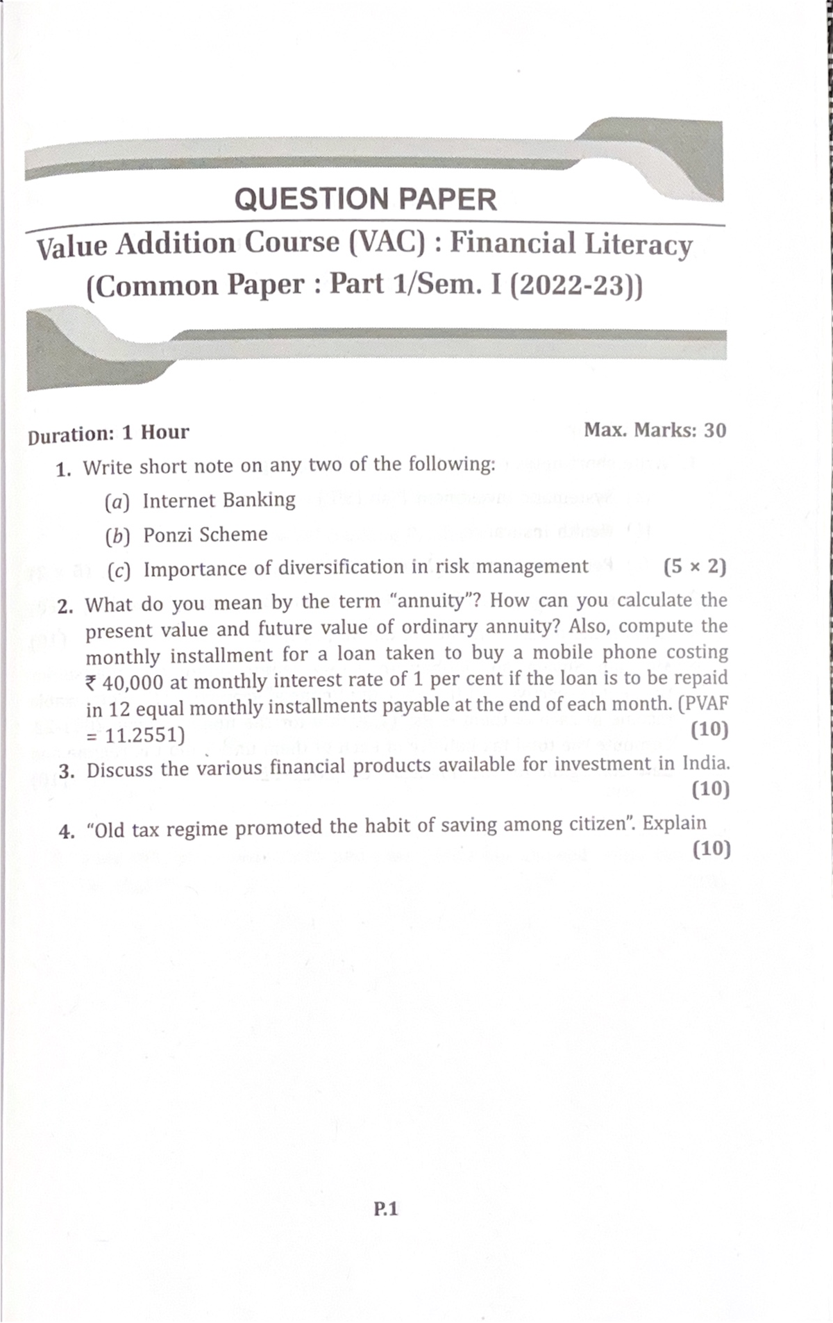 VAC Financial Literacy PYQ: Comprehensive Question Papers Part I & II ...