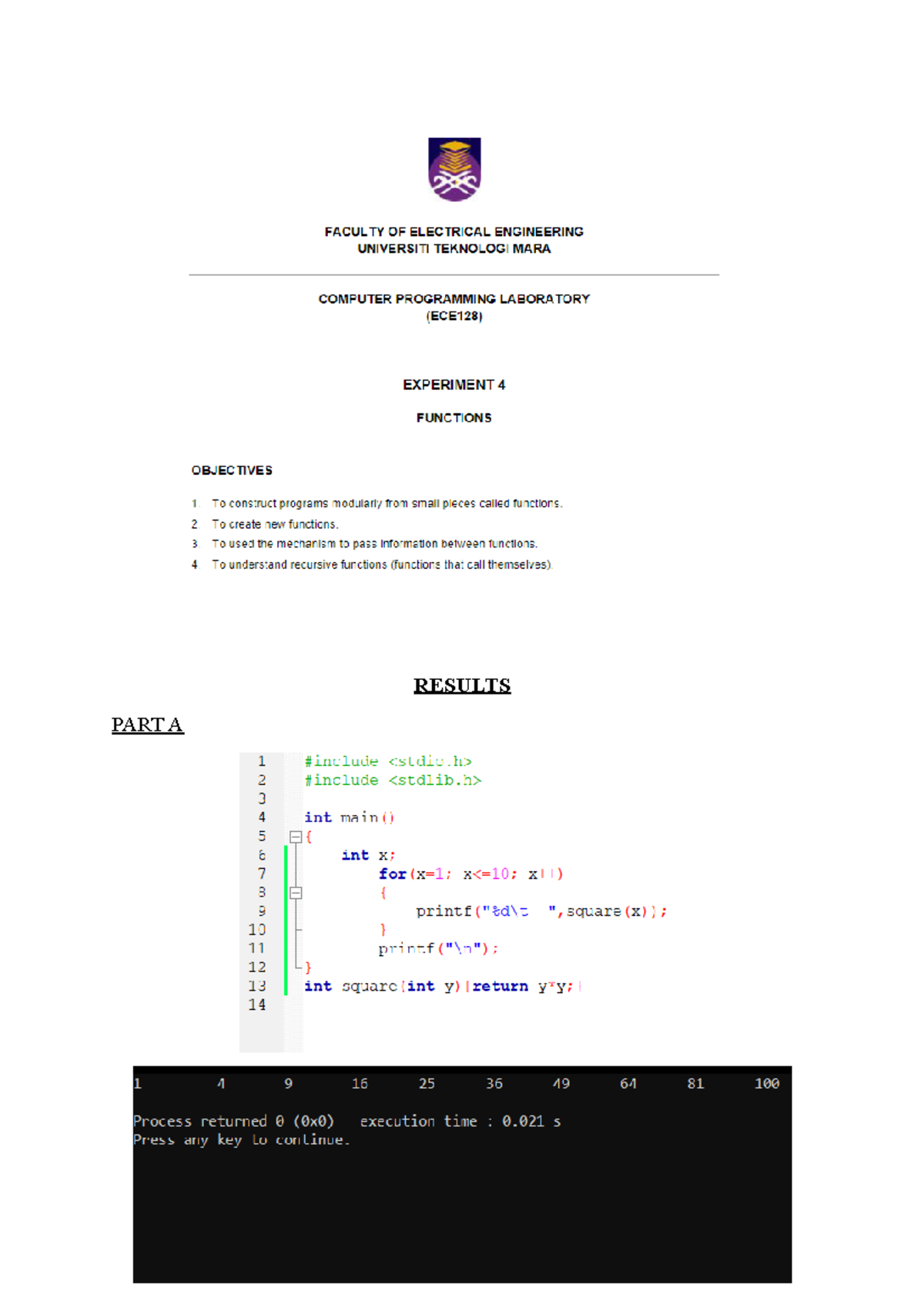 Lab Report Experiment 4 Results Part A Part B Part D 1 2 Exercise