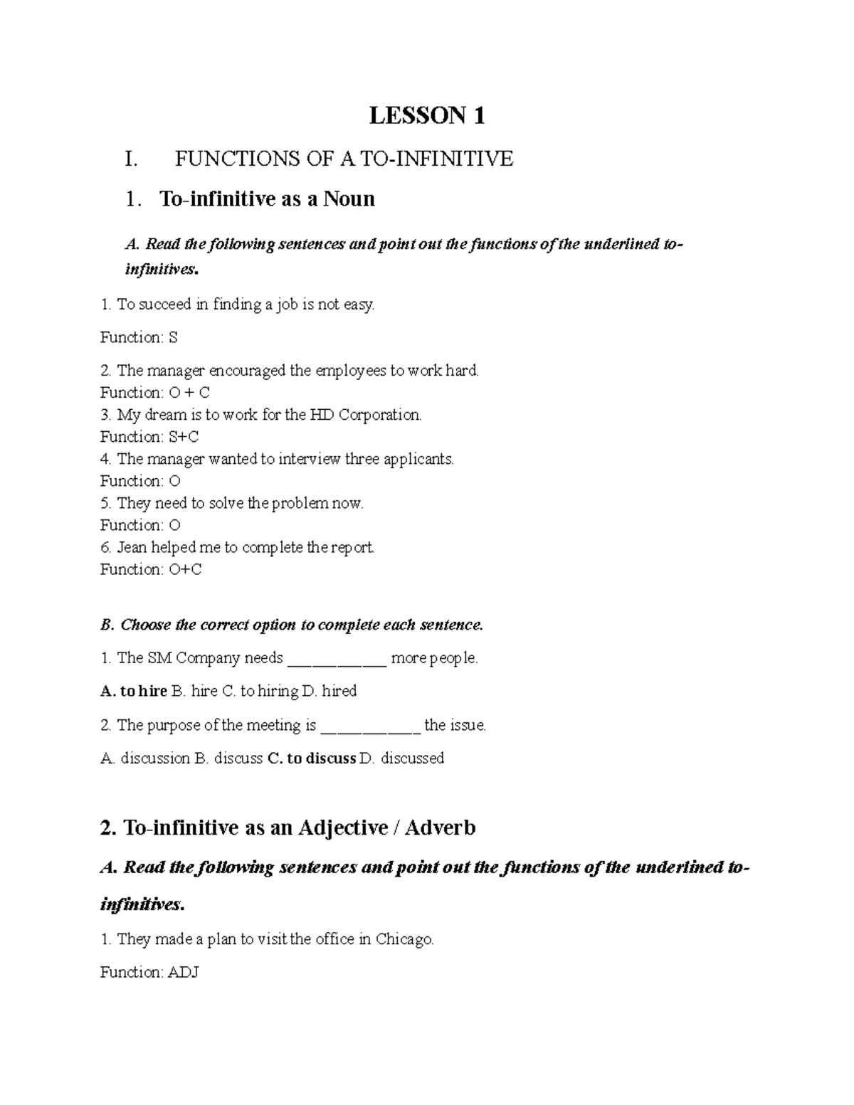 BTVN Lesson 1: Functions of Infinitives and Gerunds - Studocu