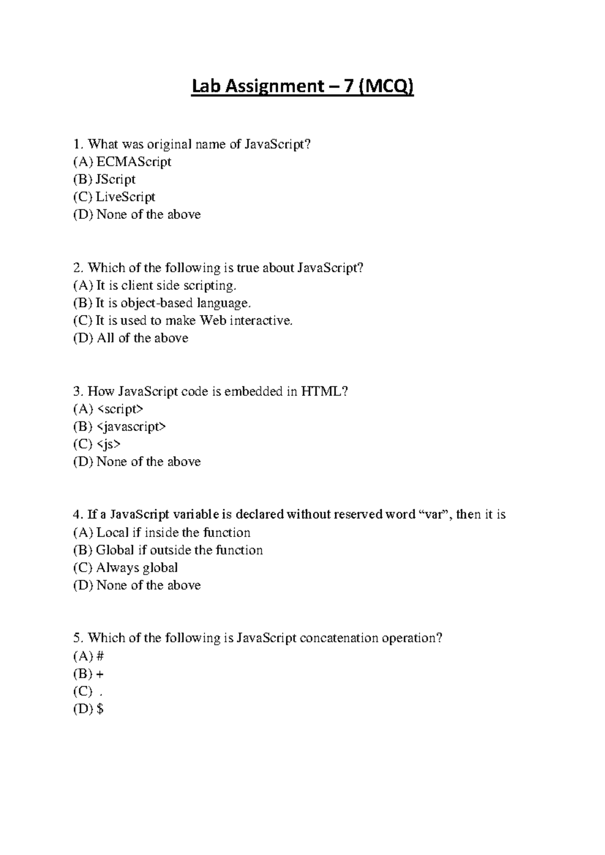Lab Assignment - 7 MCQ: JavaScript Fundamentals and Concepts - Studocu