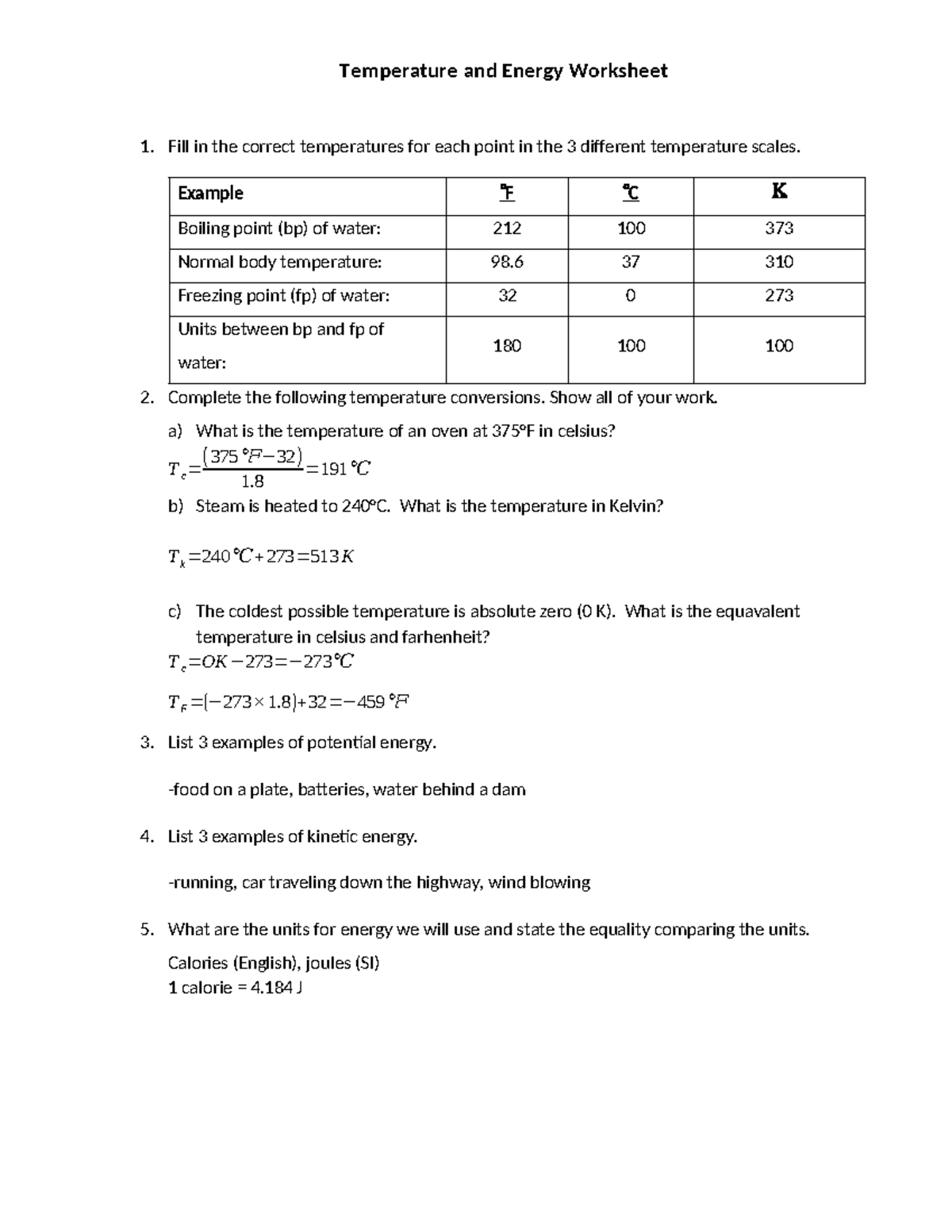 Temperature and Energy Worksheet 1: Conversions & Concepts - Studocu
