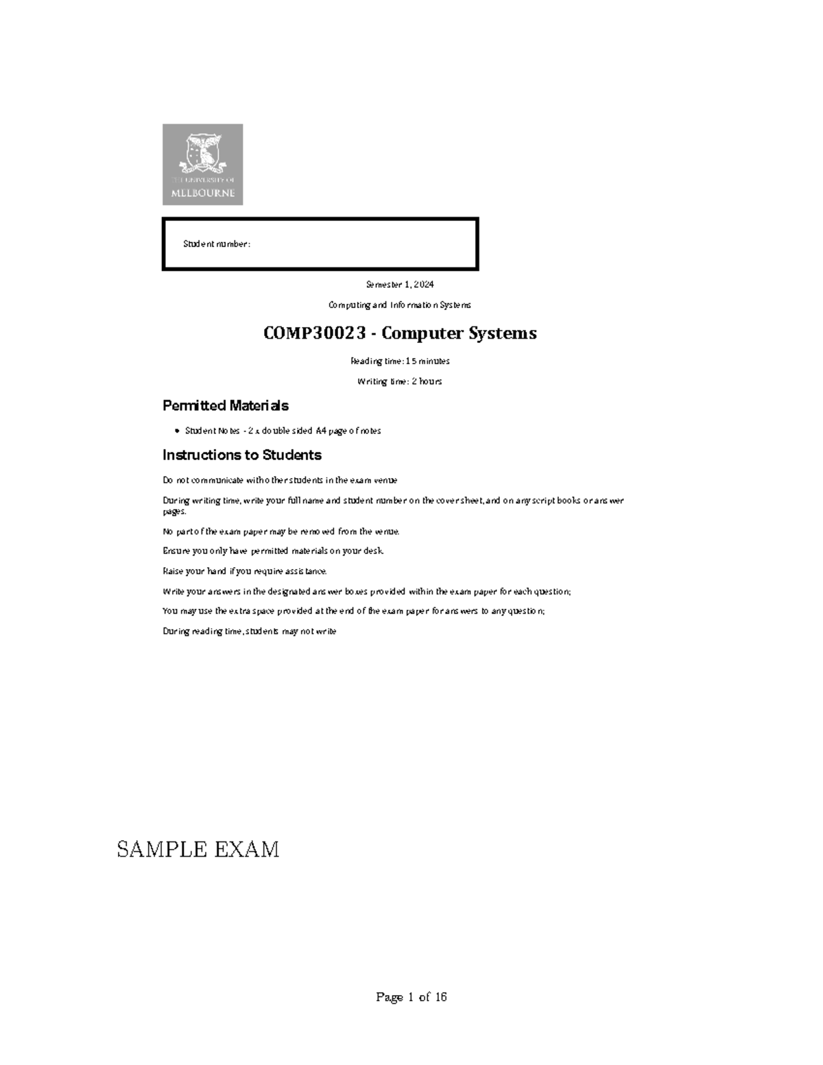 COMP30023 2024 Sample Exam Questions and Instructions - Studocu