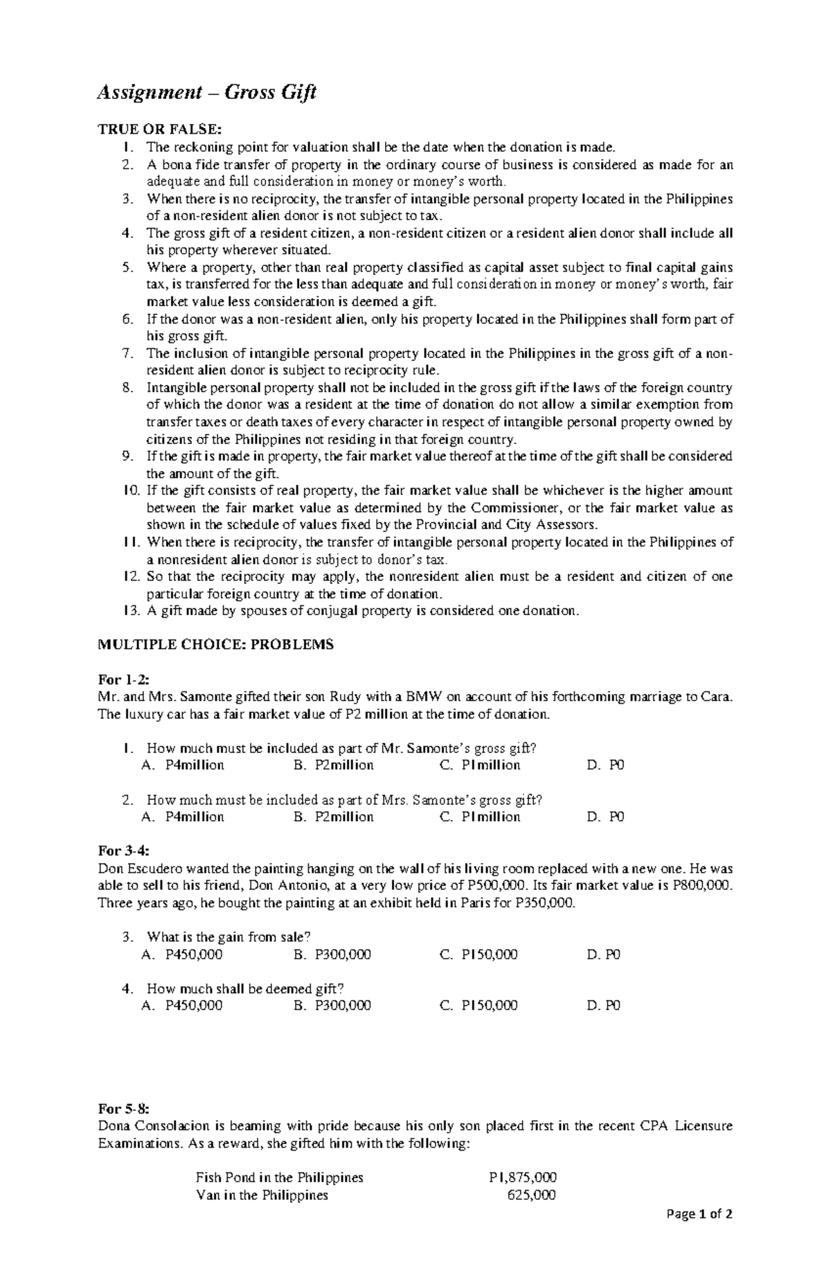 Assignment on Gross Gift: True or False & Multiple Choice Problems ...