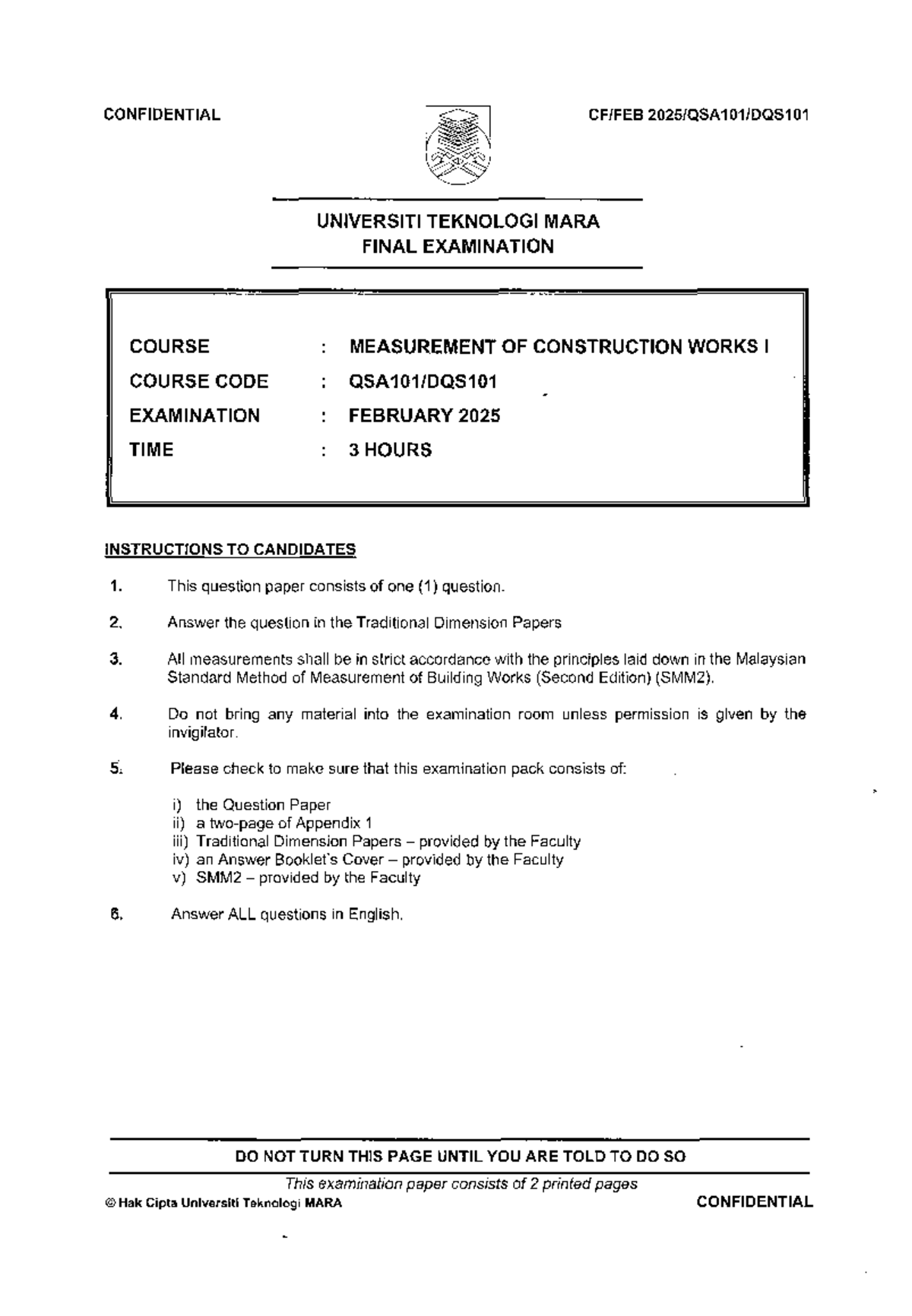 QSA101 - Final Exam Paper on Measurement of Construction Works I - Studocu