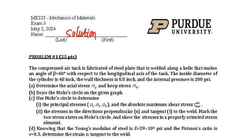 ME323 Mechanics of Materials Final Exam Practice - May 2024 - Studocu