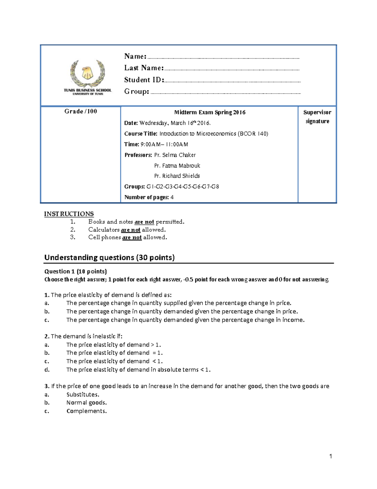 Microeconomics Midterm Exam (BCOR 1 4 0) March 2016 Final Version - Studocu