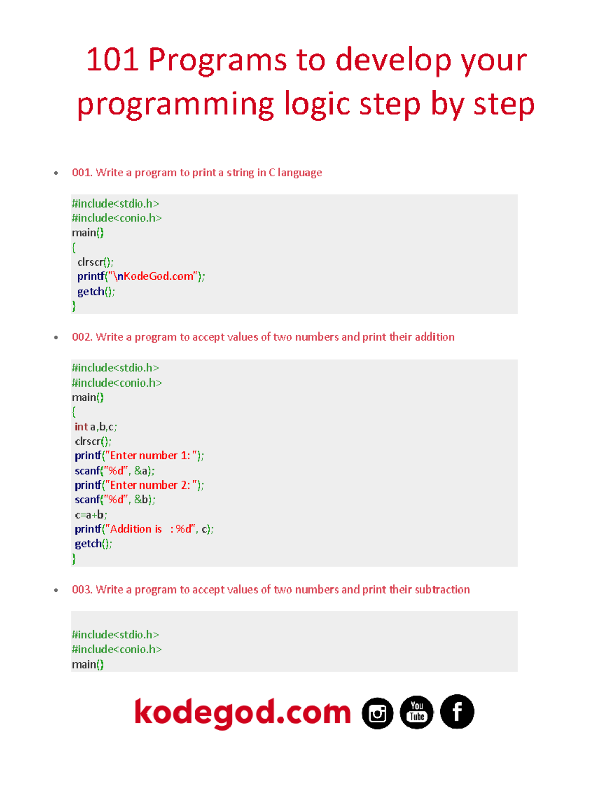 101 Programs in C Language: Practical Exercises for Logic Development ...