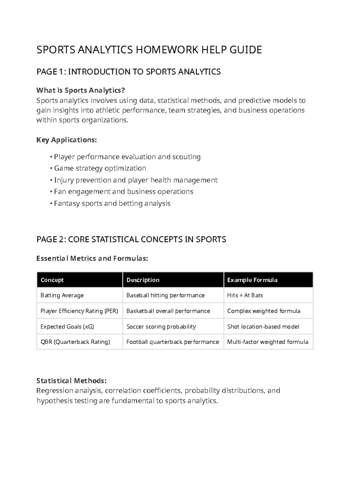 Sports Analytics (SPT 101) Homework Help Guide: Key Concepts ...