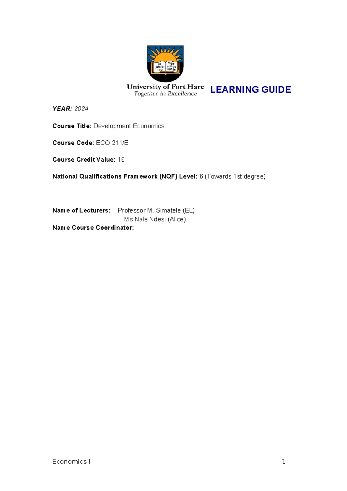 Learner Guide for Development Economics (ECO211) - Year 2025 - Studocu