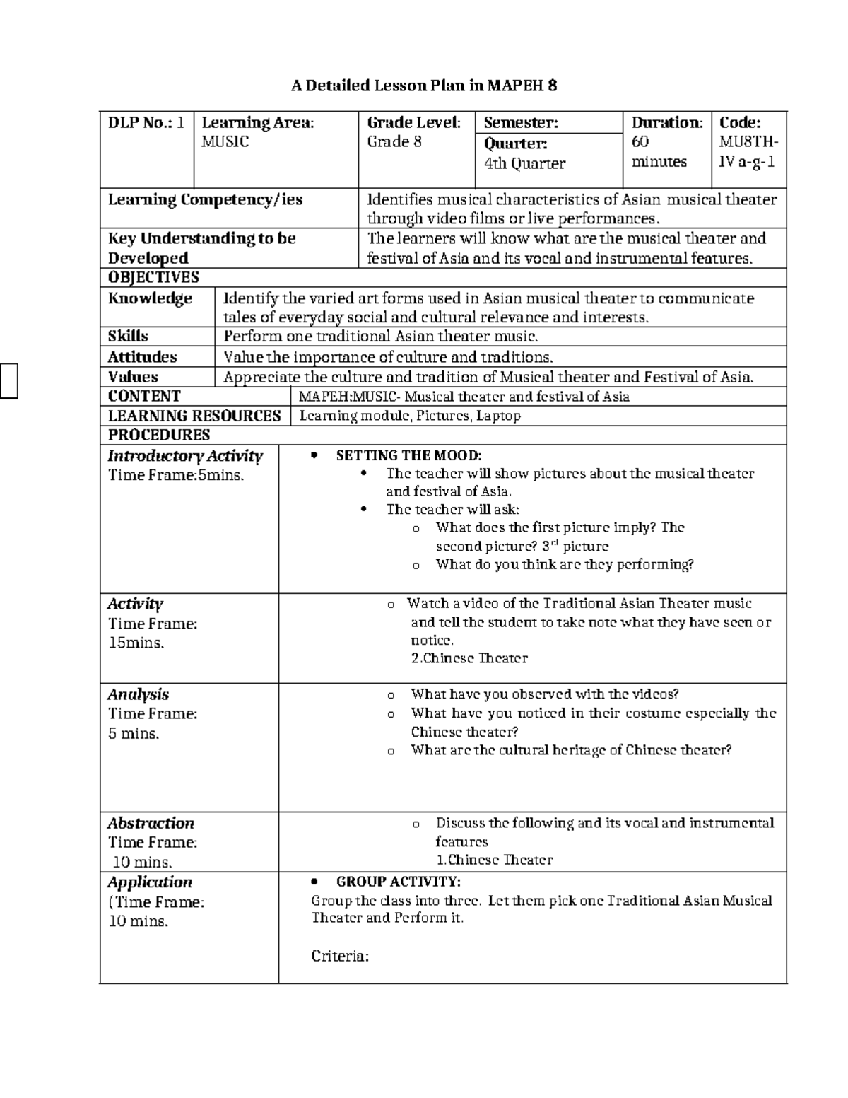 MAPEH 8 DLP No. 1: Lesson Plan on Asian Musical Theater - Studocu