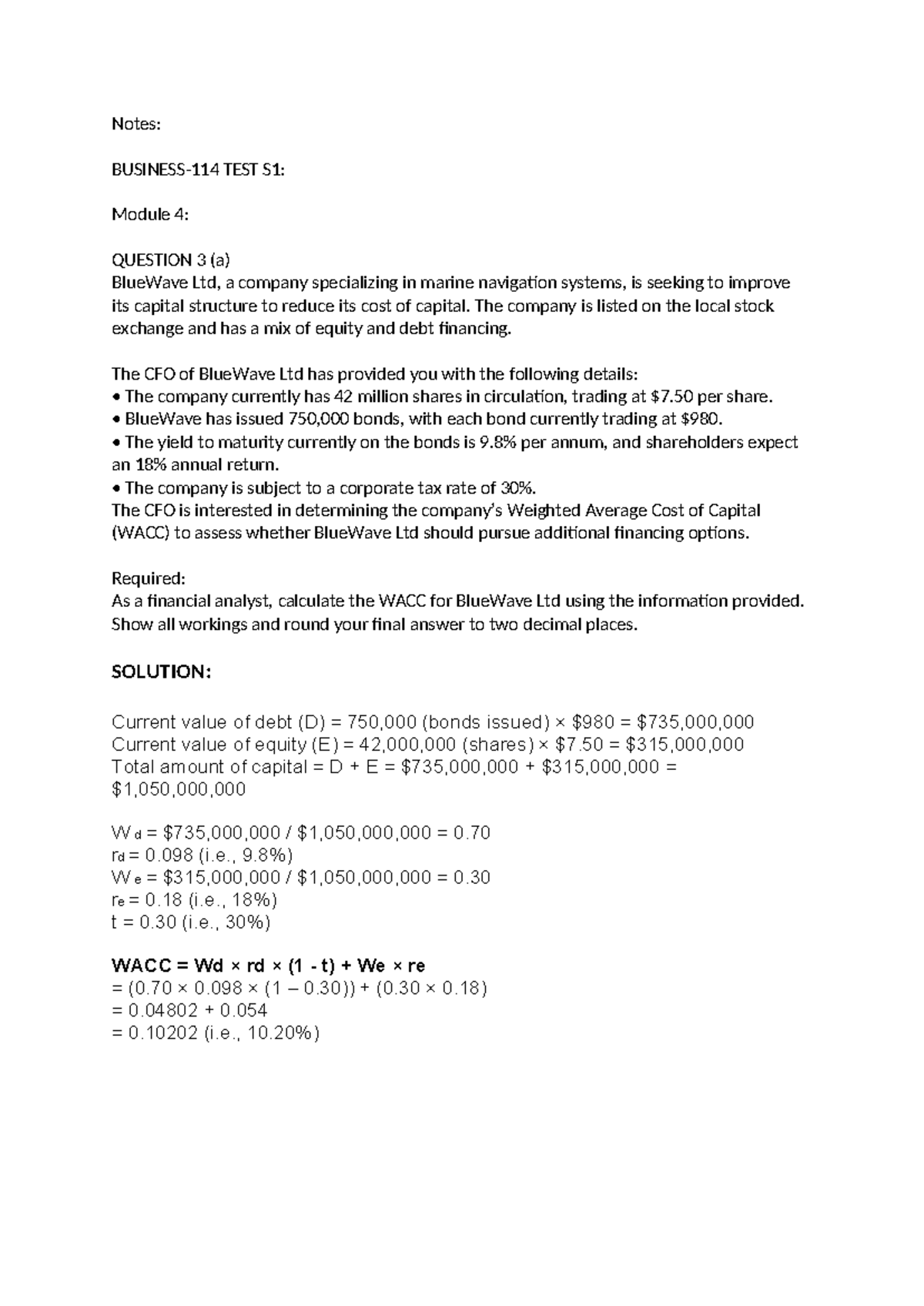 Business 114: WACC Calculations & Project Evaluations Notes - Studocu