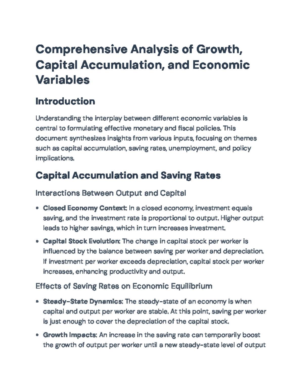 Analysis of Economic Variables: Capital Accumulation & Policy ...