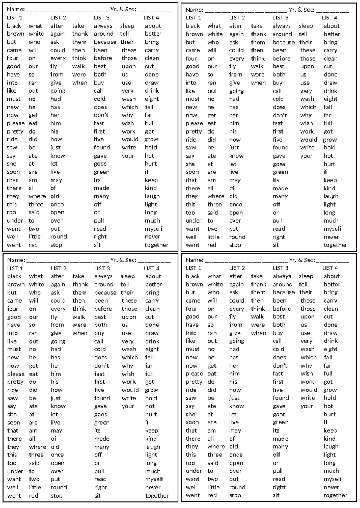Basic Sight Words Activity: Lists 1-4 for Yr. Sec - Studocu