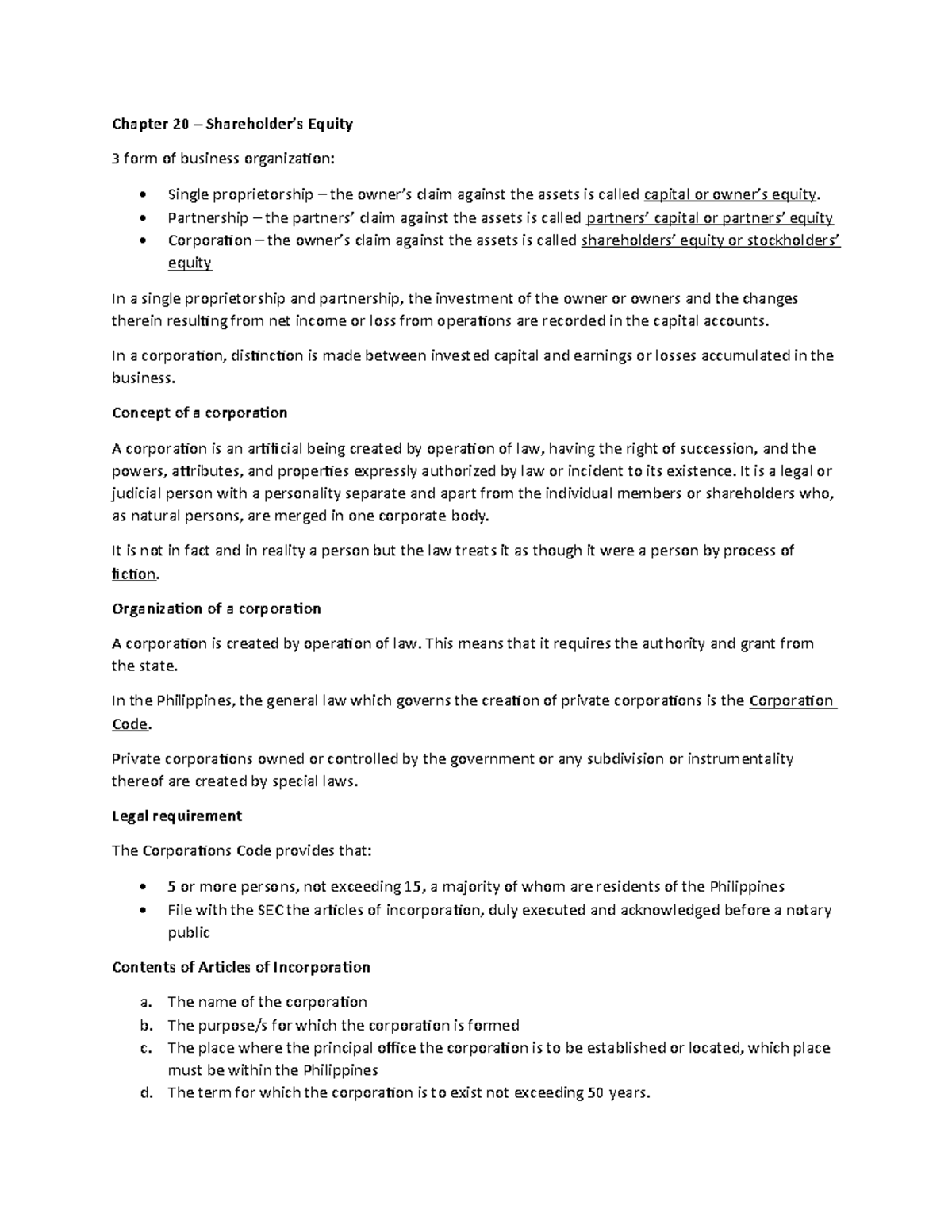 Chapter 20 - Understanding Shareholder’s Equity in Corporations - Studocu