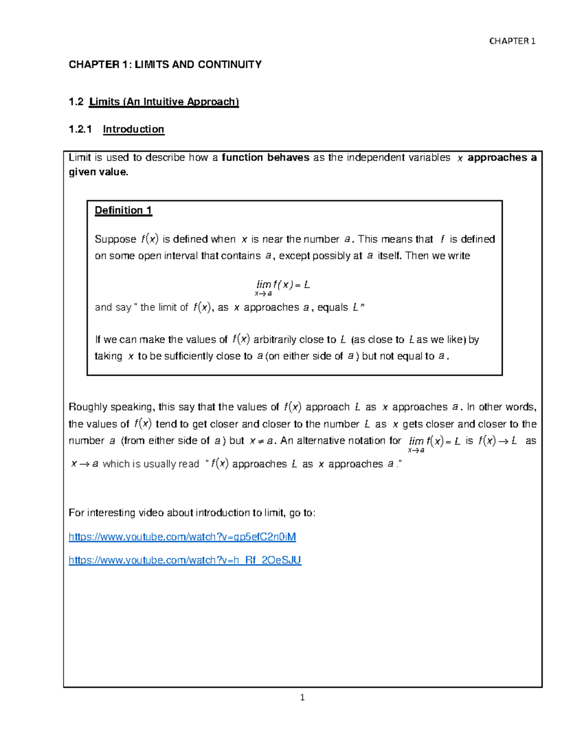 1.2 Limits - CALCULUS 1 - CHAPTER 1: LIMITS AND CONTINUITY 1 Limits (An ...