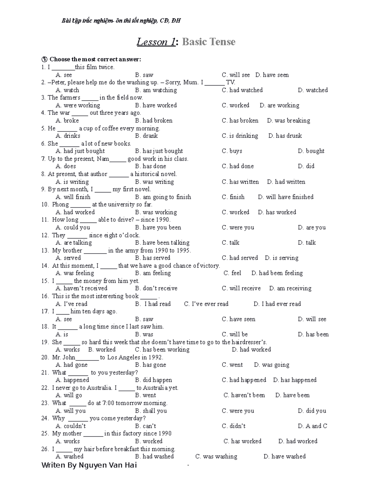 BAI TAP TRAC Nghiem Tieng ANH 12 - Basic Tenses Lesson Overview - Studocu