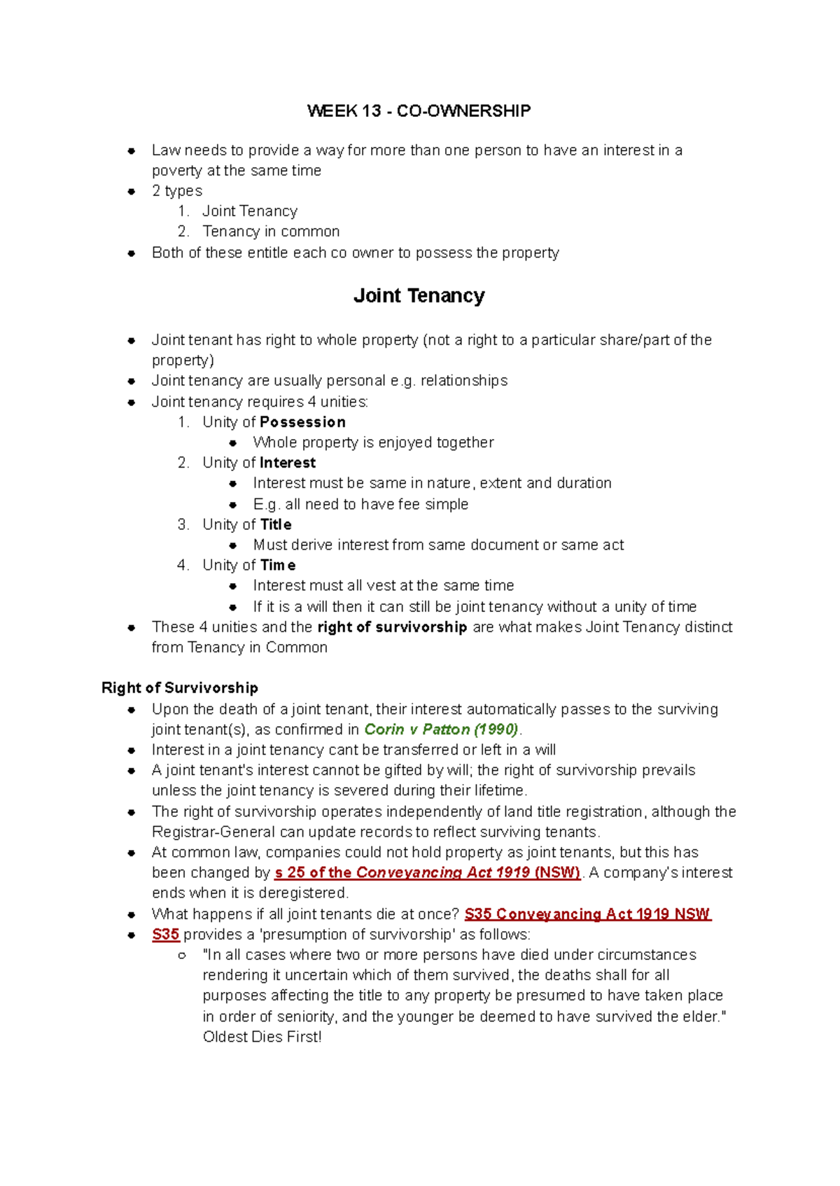 Property Law Wk 13: Joint Tenancy vs. Tenancy in Common Explained - Studocu