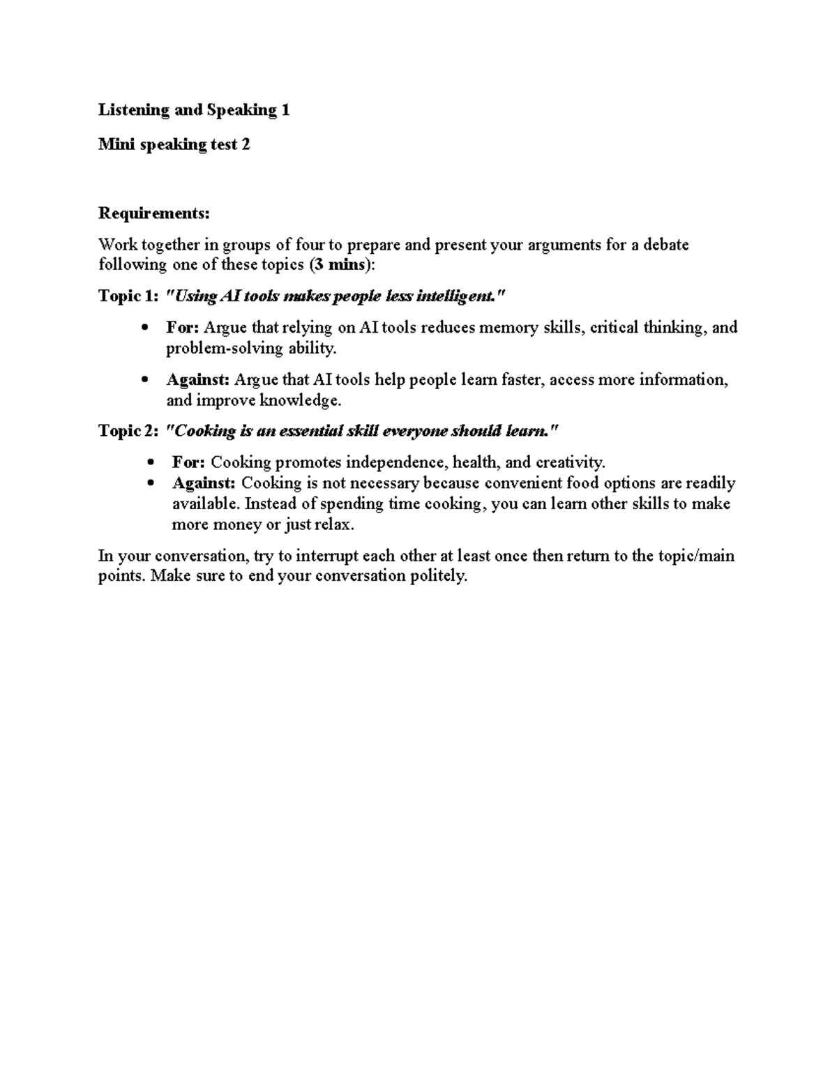 Listening and Speaking 1: Mini Speaking Test 2 Guidelines - Studocu