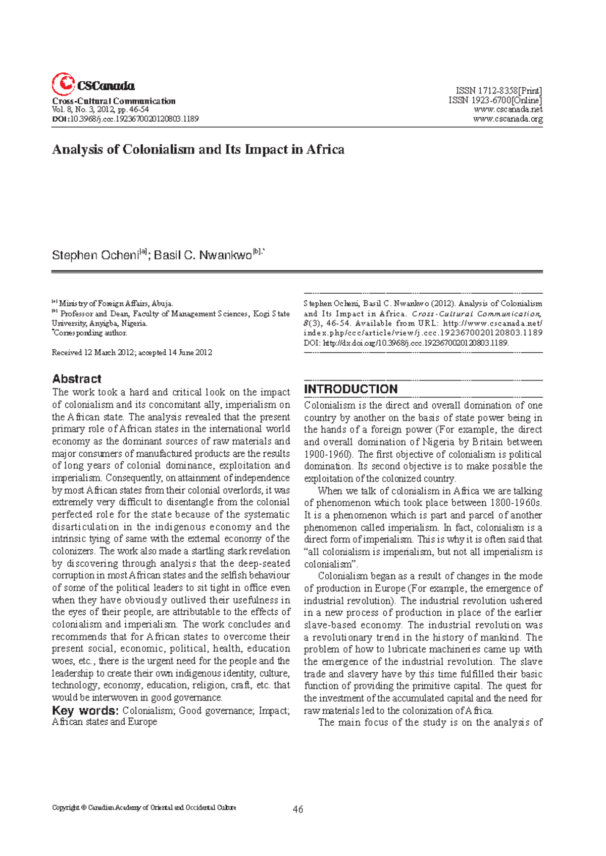 Analysis of Colonialism - Document Preview