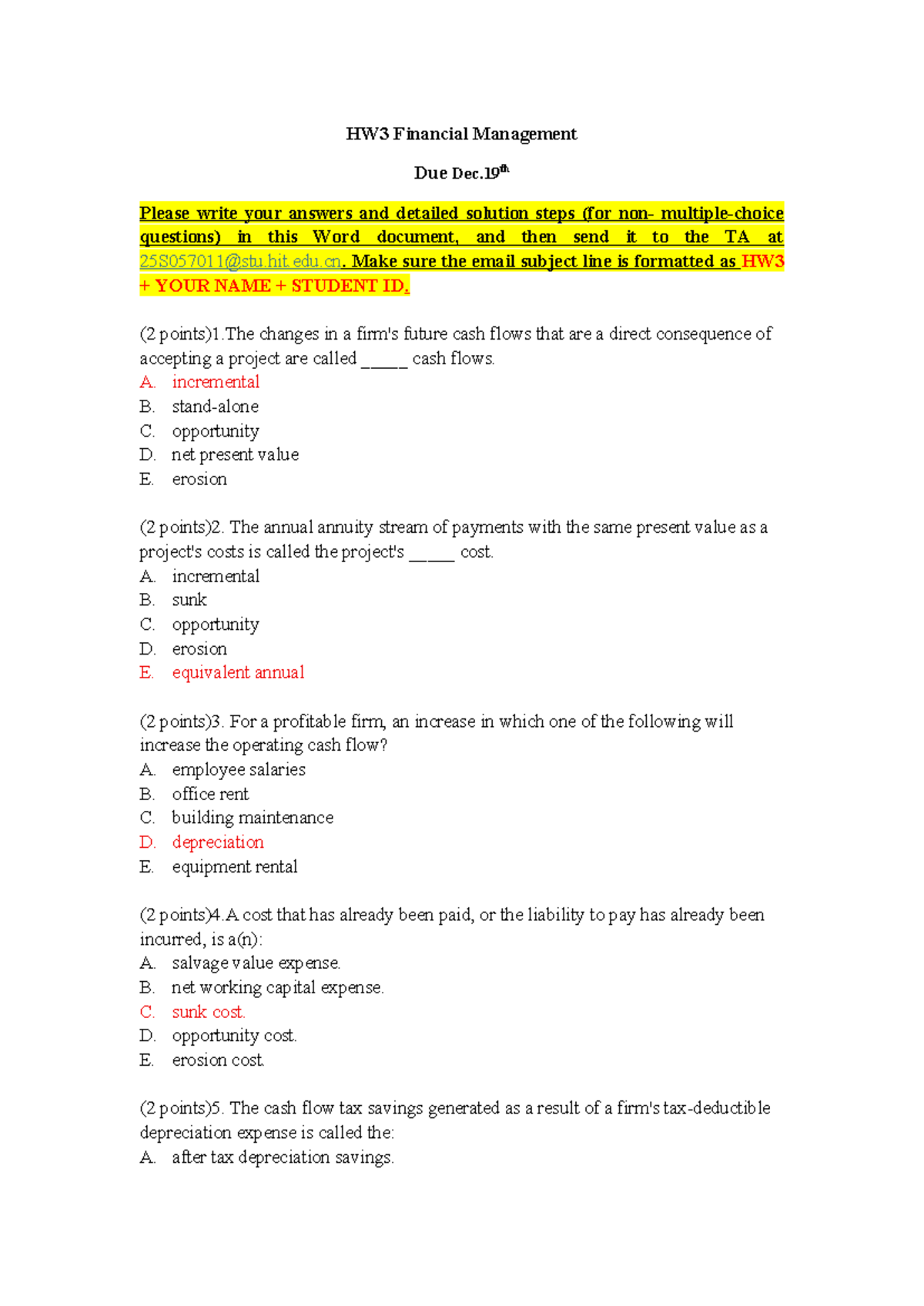 HW3 Financial Management Homework Solutions Due Dec. 19th - Studocu
