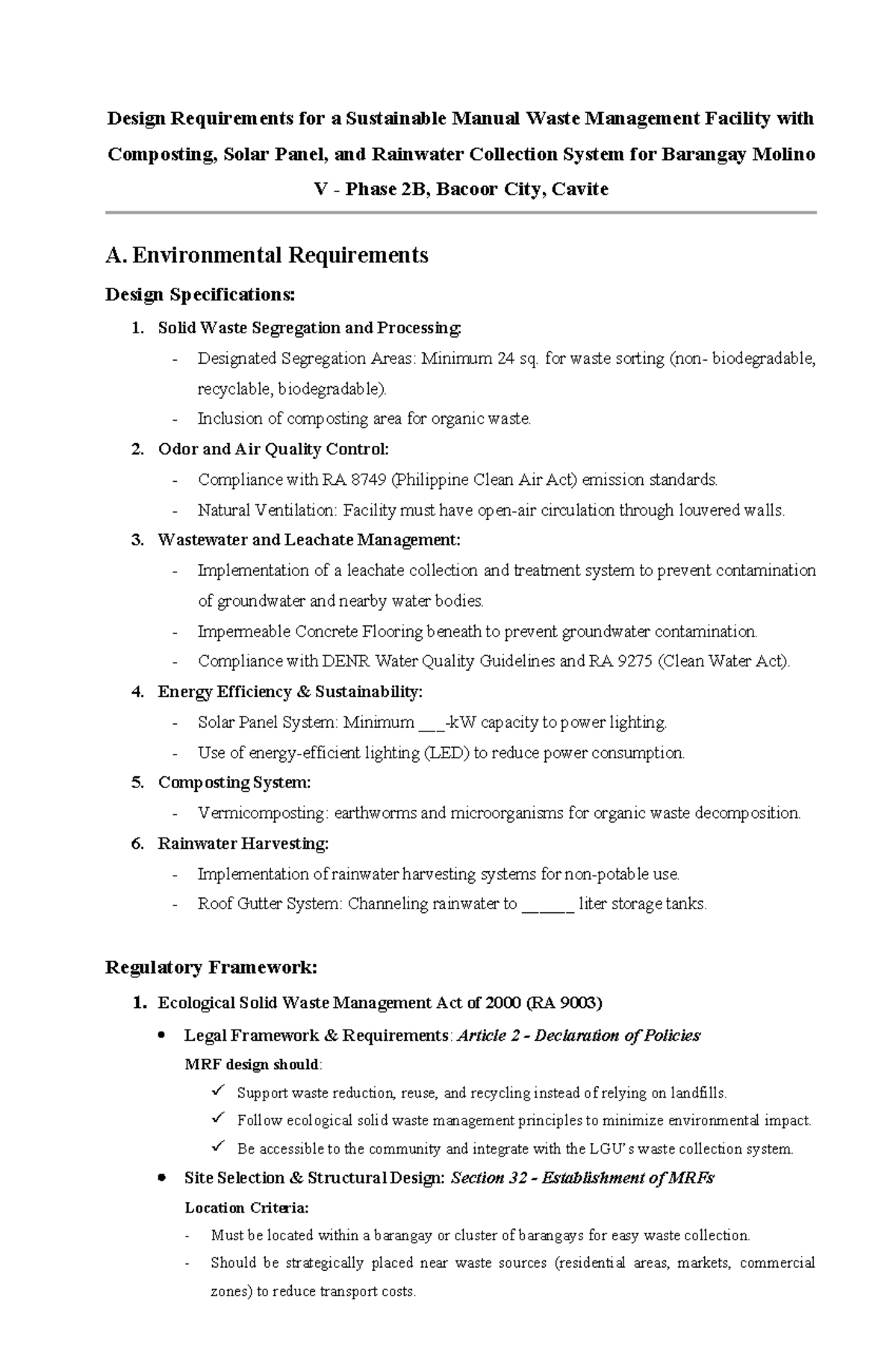 Design Requirements for Sustainable Waste Management Facility (ENV 101 ...