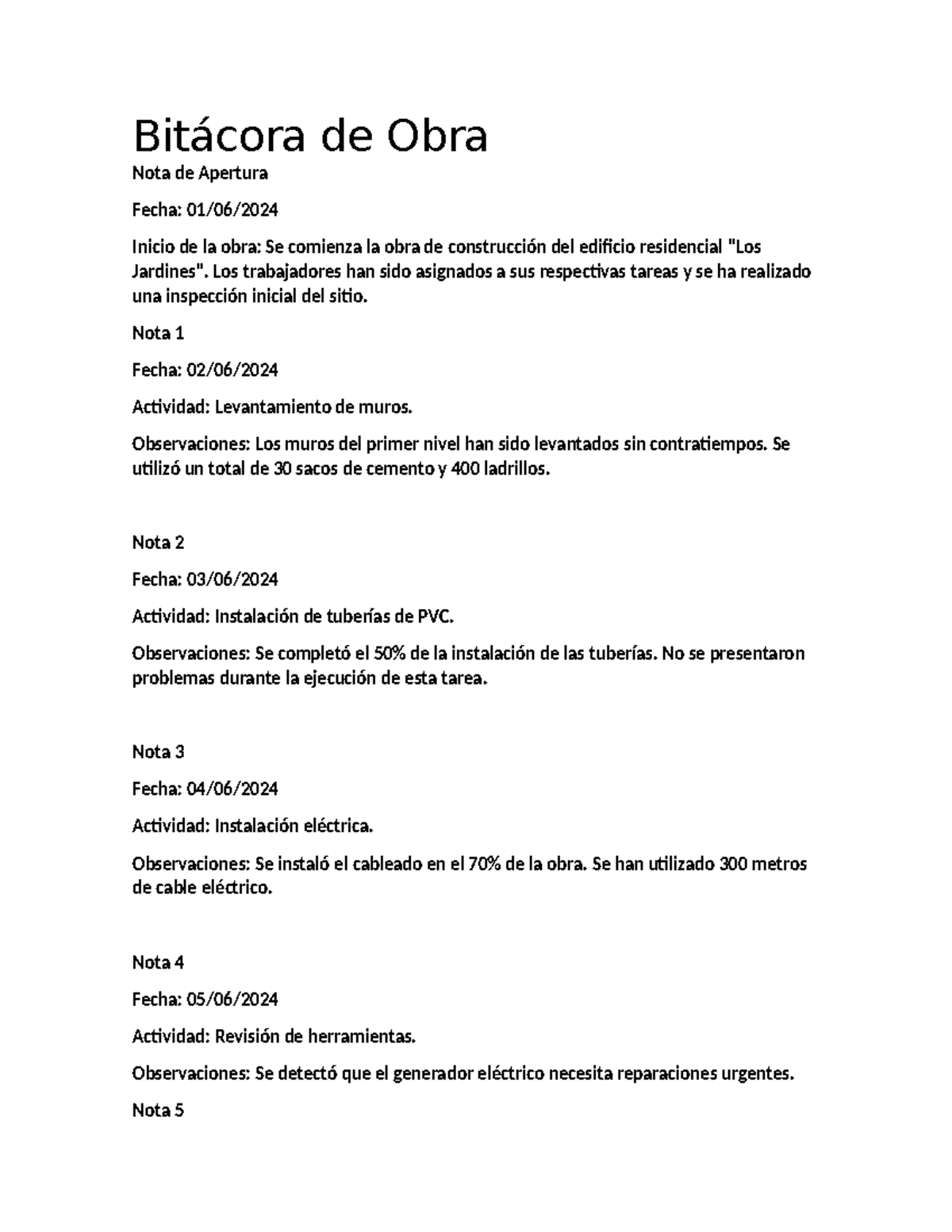 Bitácora de Obra - Informe de Progreso de Construcción - Studocu