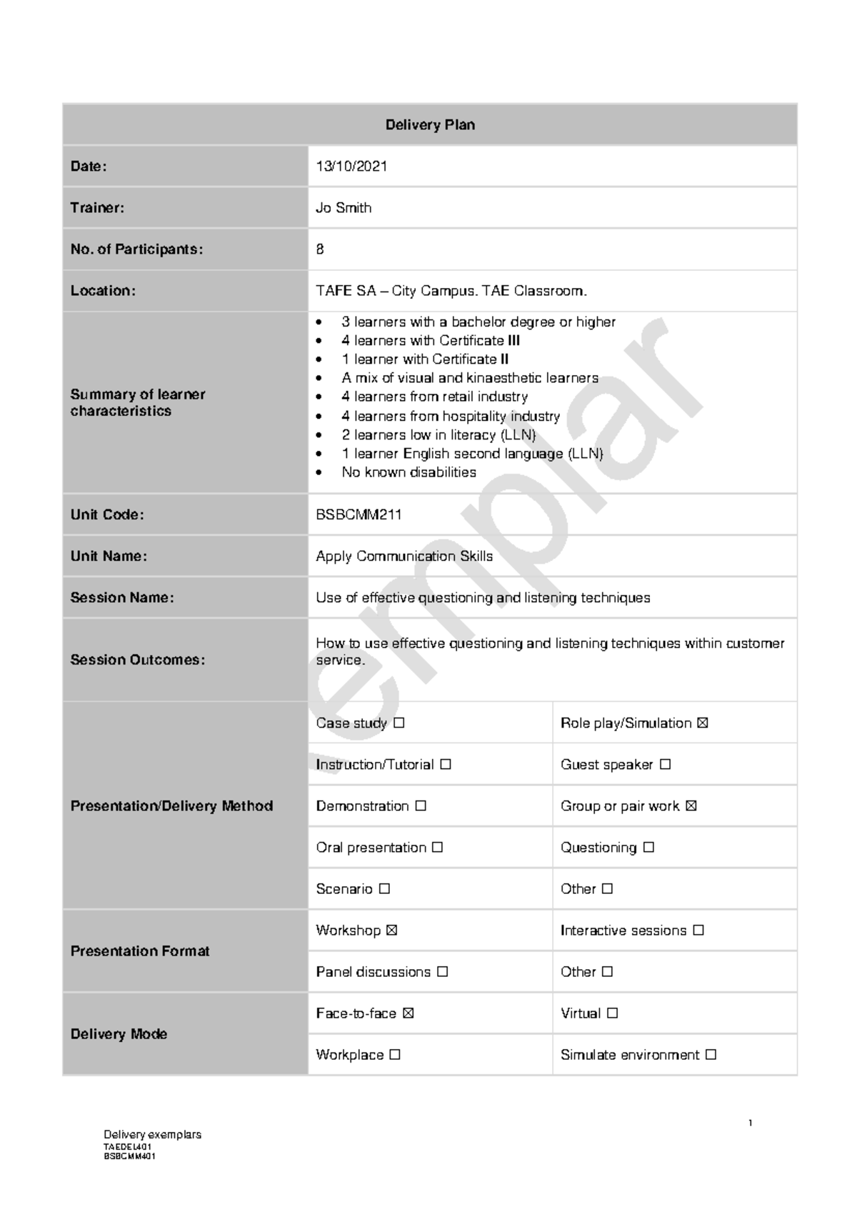 Delivery Exemplars & Session Plans for TAEDEL Course - Studocu