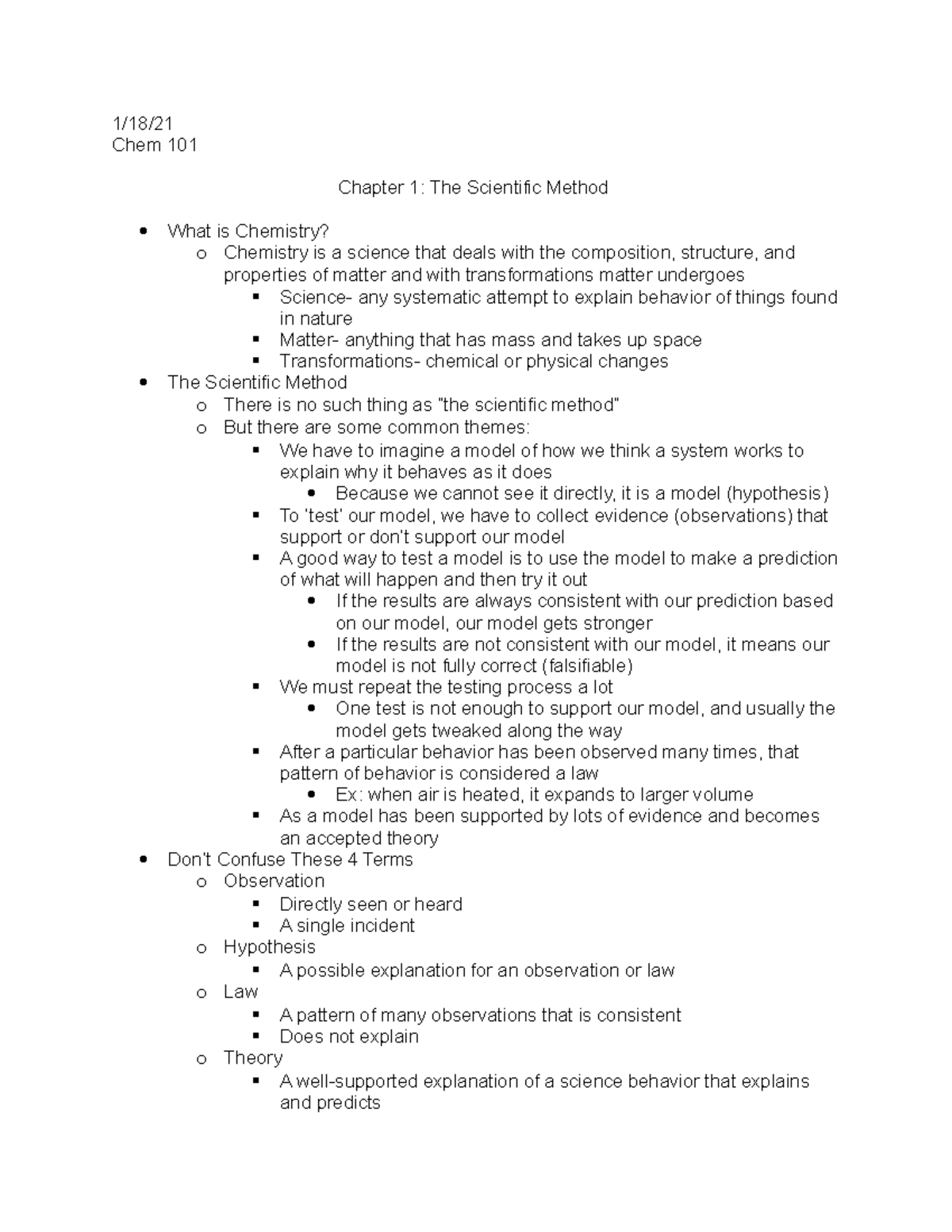 Chem 101 Chapter 1 Understanding The Scientific Method Studocu