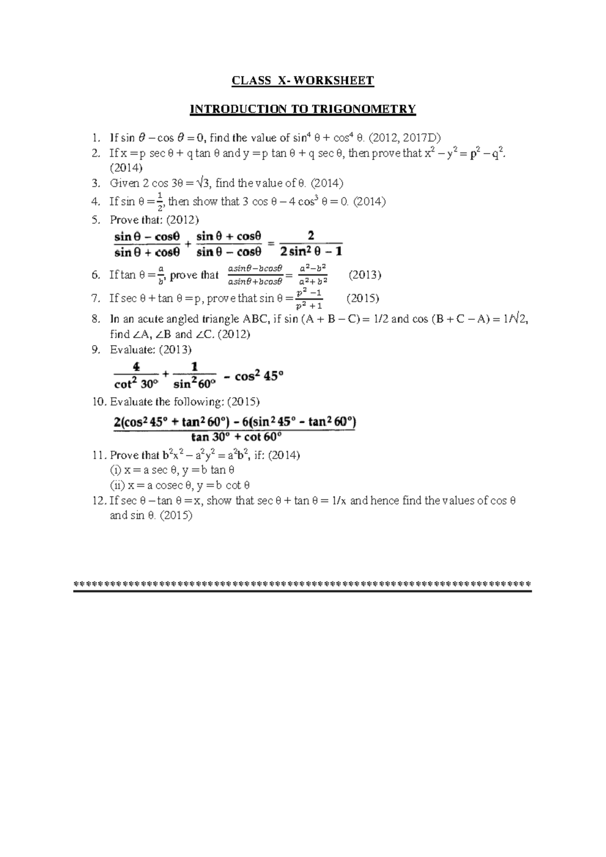 Introduction TO Trigonometry Worksheet - CLASS X- WORKSHEET ...