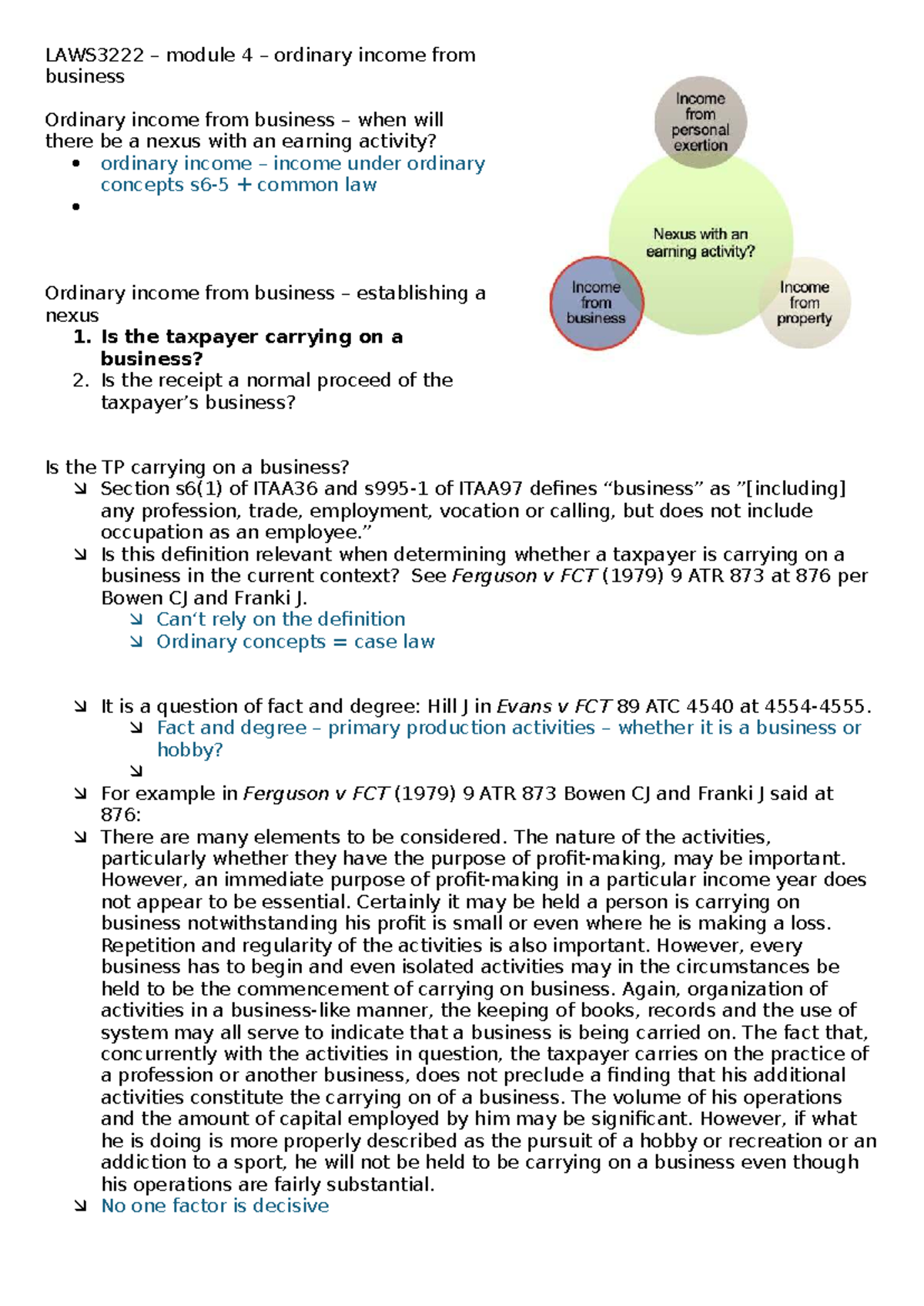 LAWS3222 - Lecture 4: Ordinary Income from Business and Nexus Analysis ...