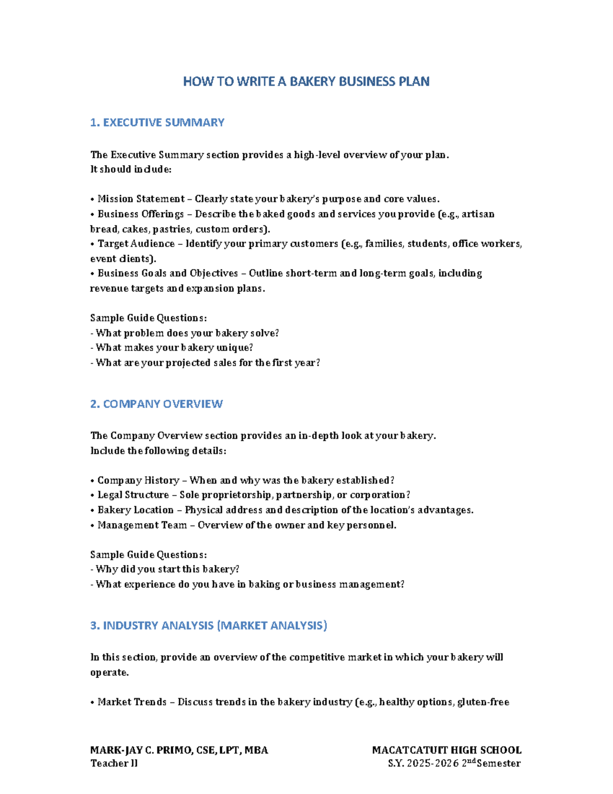 Bakery Business Plan Template: A Comprehensive Guide (C. PRIMO, CSE ...