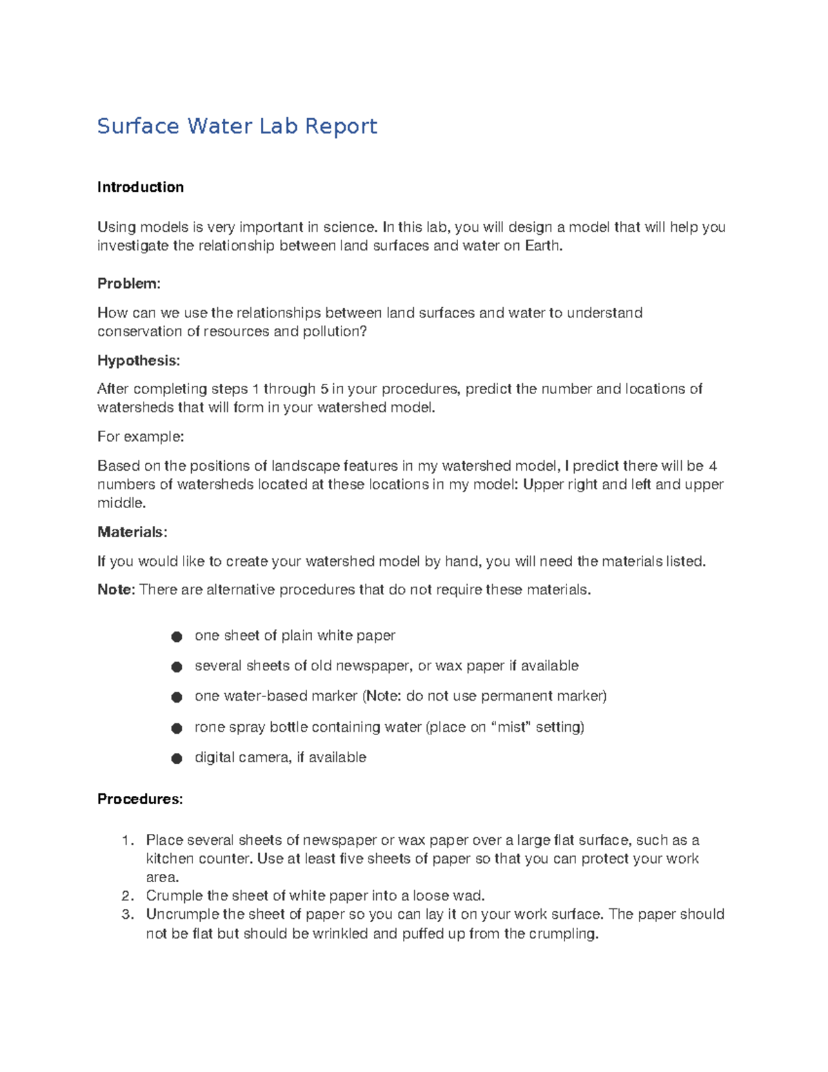 Surface Water Lab Report (2022) - Exploring Watershed Formation - Studocu