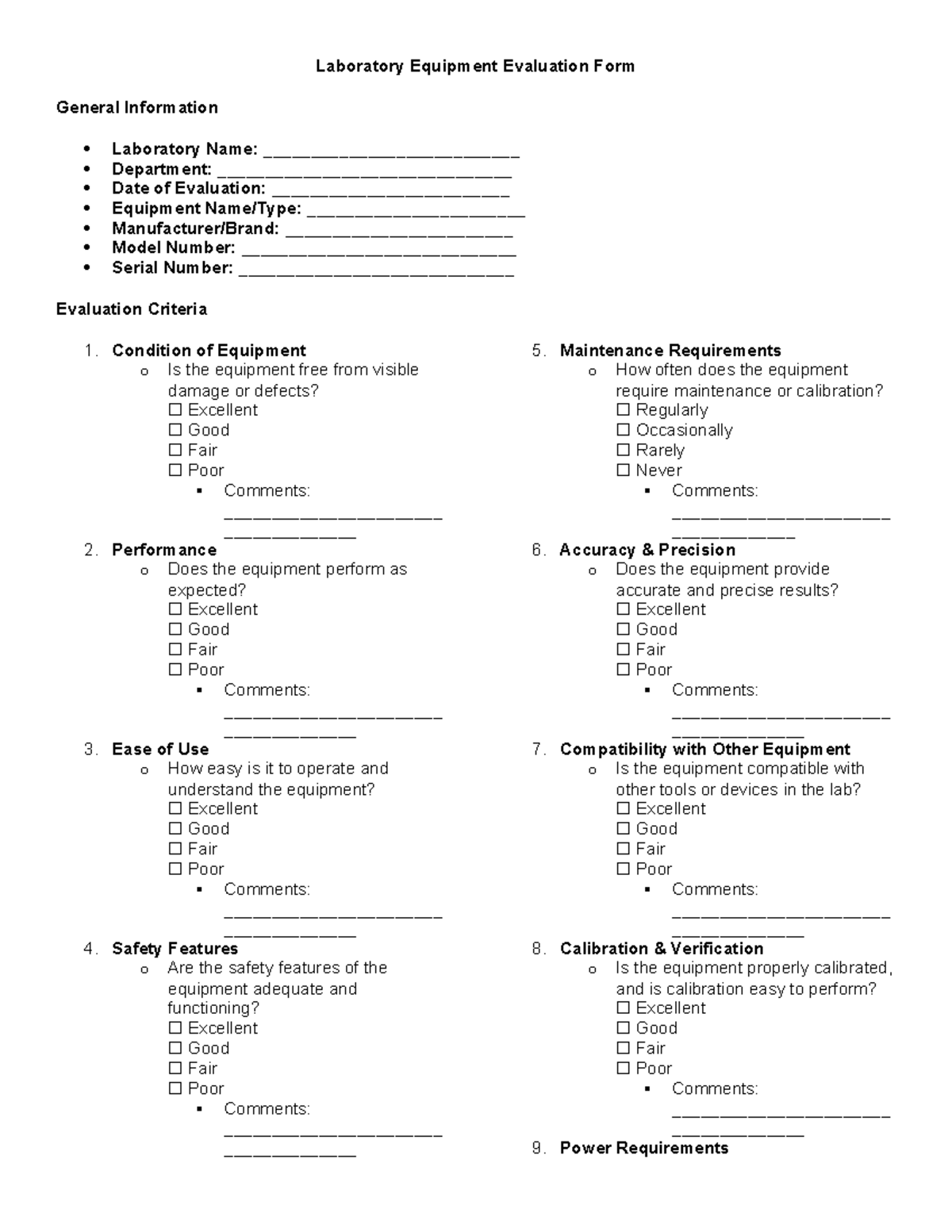 Laboratory Equipment Evaluation Form: Assessment Criteria and ...