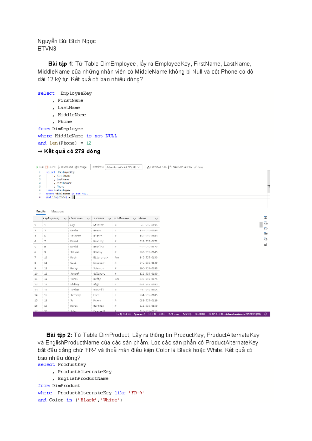 BTVN3: SQL Queries on DimEmployee, DimProduct, and DimCustomer - Studocu