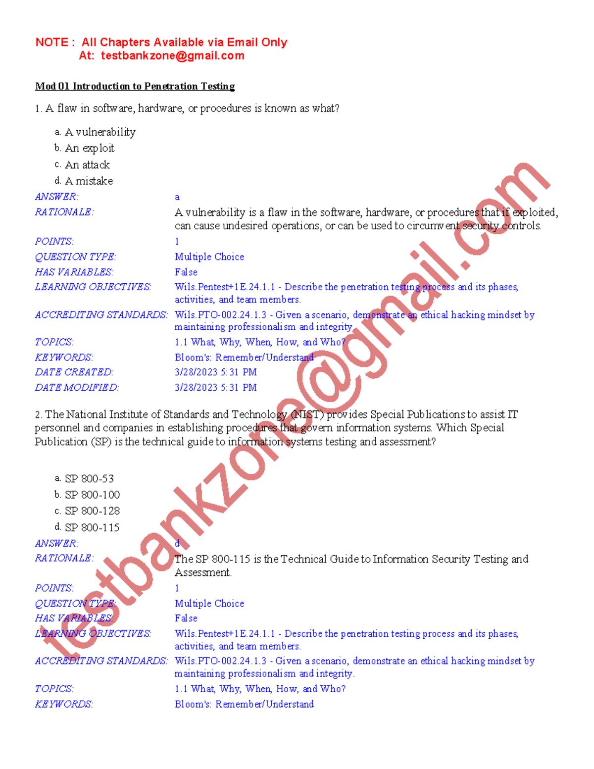 Test Bank, Solutions For Comp TIA Pentest+ Guide To Penetration Testing ...
