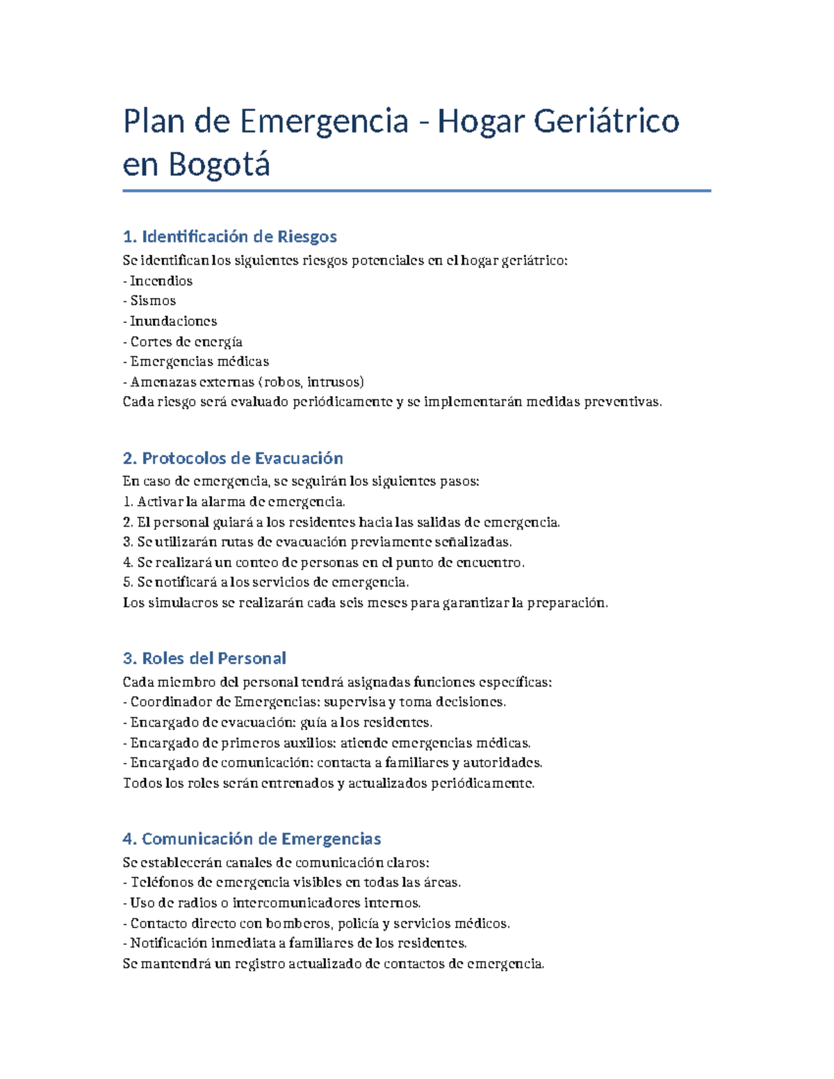 Plan de Emergencia y Simulacro para Hogar Geriátrico en Bogotá - Studocu