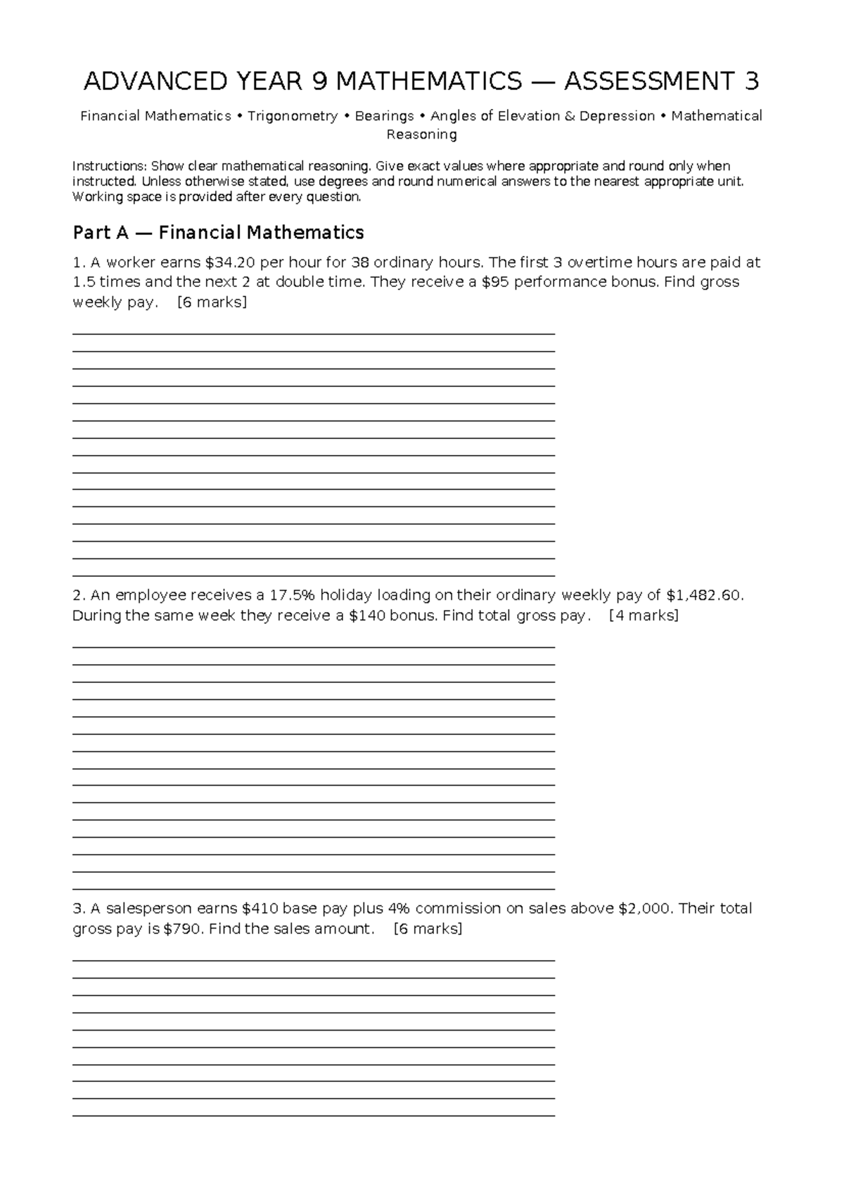 Advanced Year 9 Maths Assessment 3: Financial Maths & Trigonometry ...