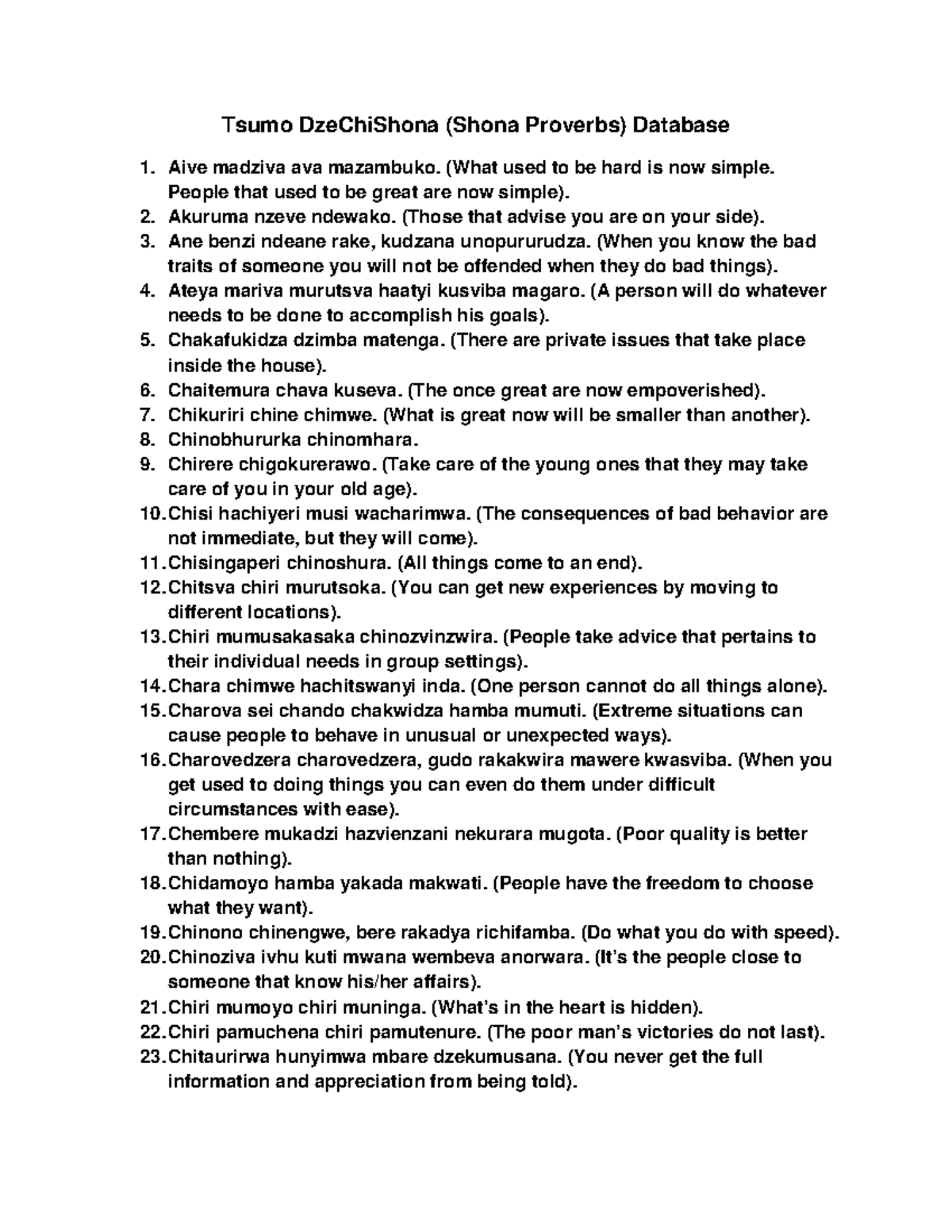 Tsumo Dze Chi Shona: Comprehensive Proverbs Database (Code: 52860882 ...