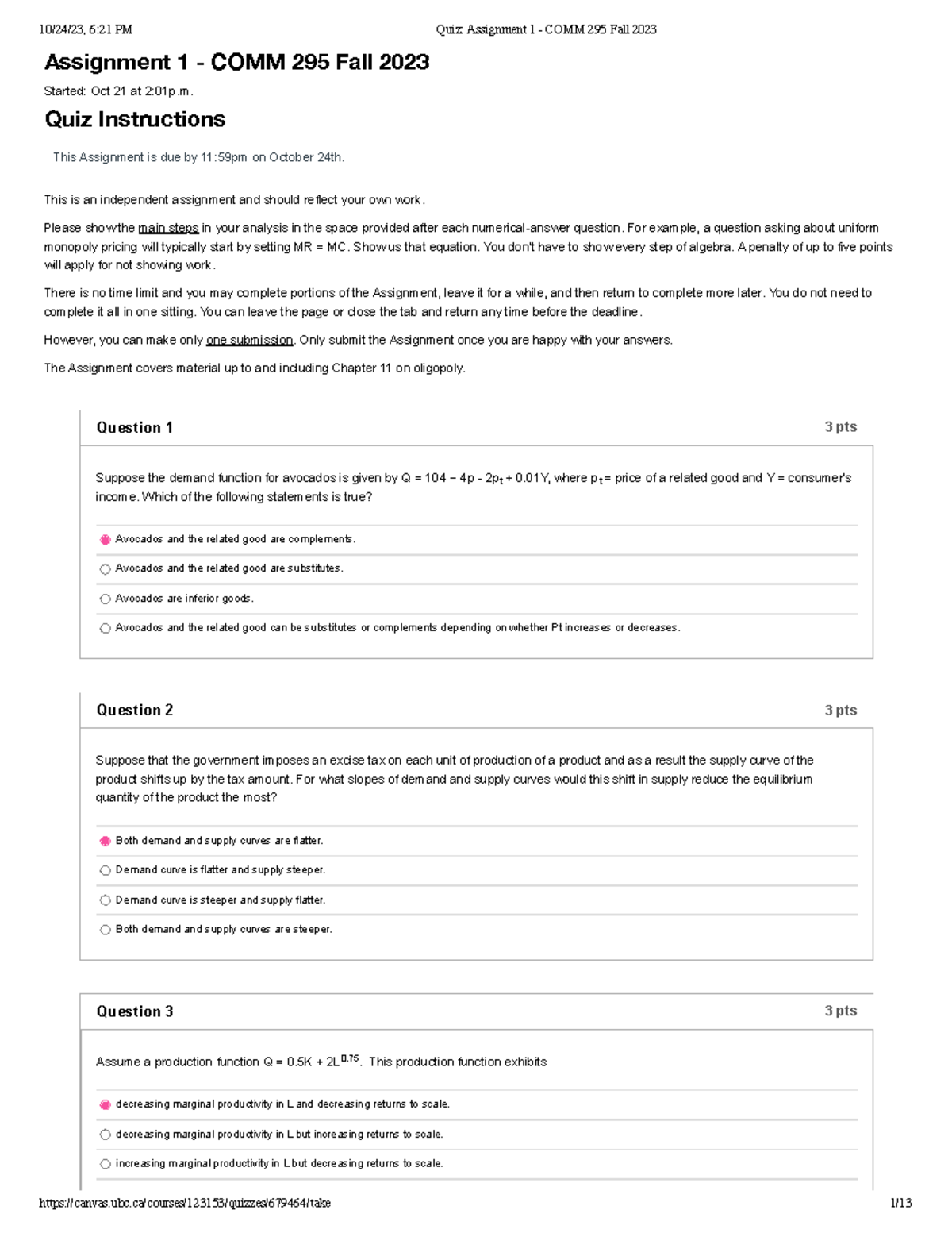 Quiz Assignment 1 Guidelines - COMM 295 Fall 2023 - Studocu