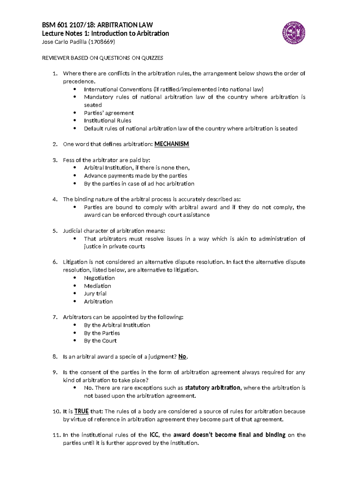 BSM 601 ARBITRATION LAW Lecture Notes 1: Intro to Arbitration Review ...