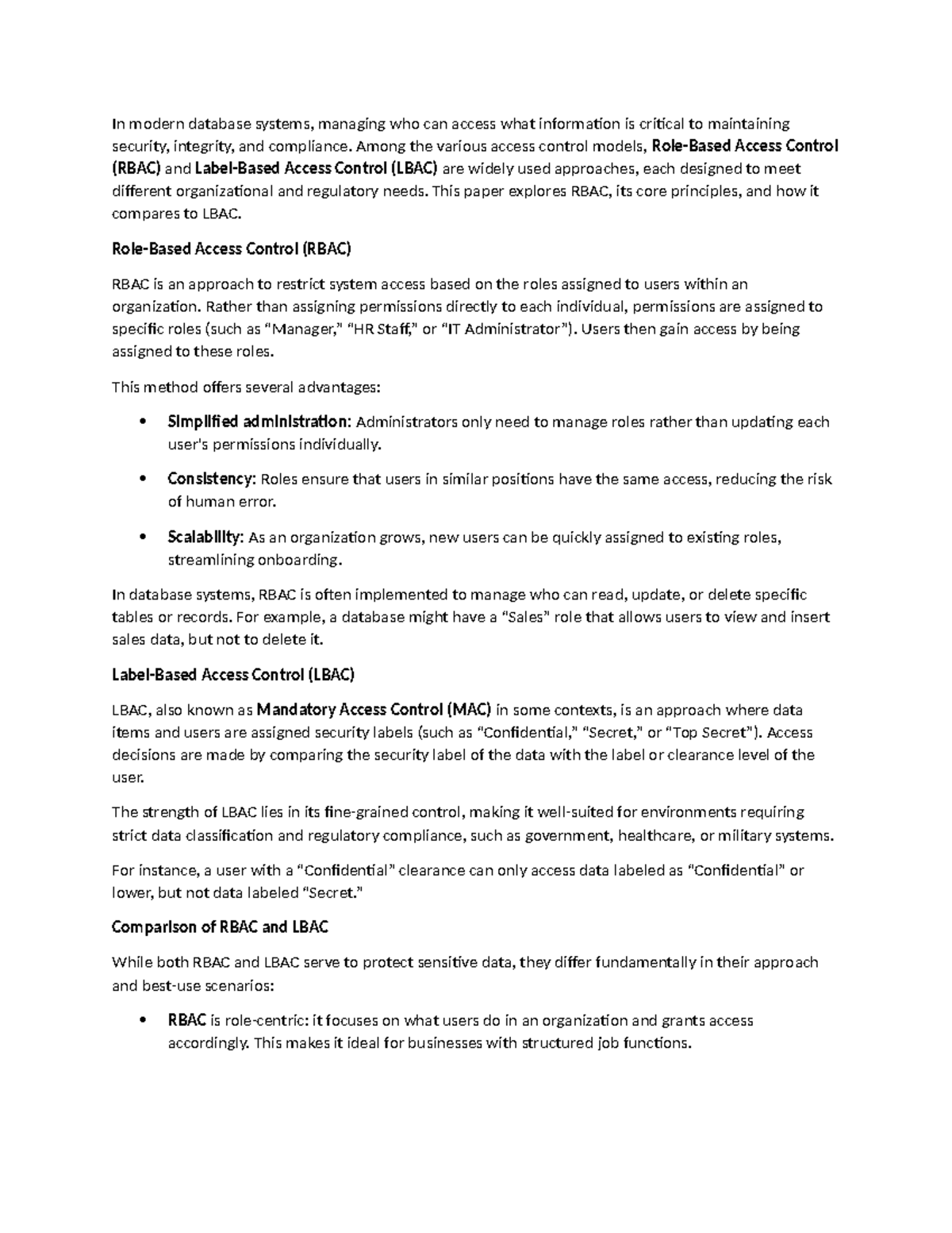 CS 3306 Written Assignment 4: Comparing RBAC and LBAC in Access Control ...