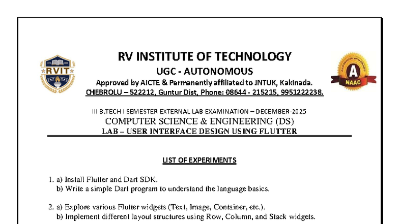 B.TECH I SEMESTER EXTERNAL LAB: DS Flutter UI Design Experiments - Studocu