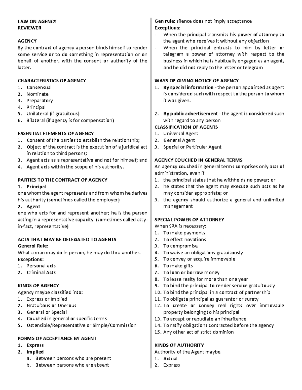 LAW 101: Reviewer on Agency Principles and Key Concepts - Studocu