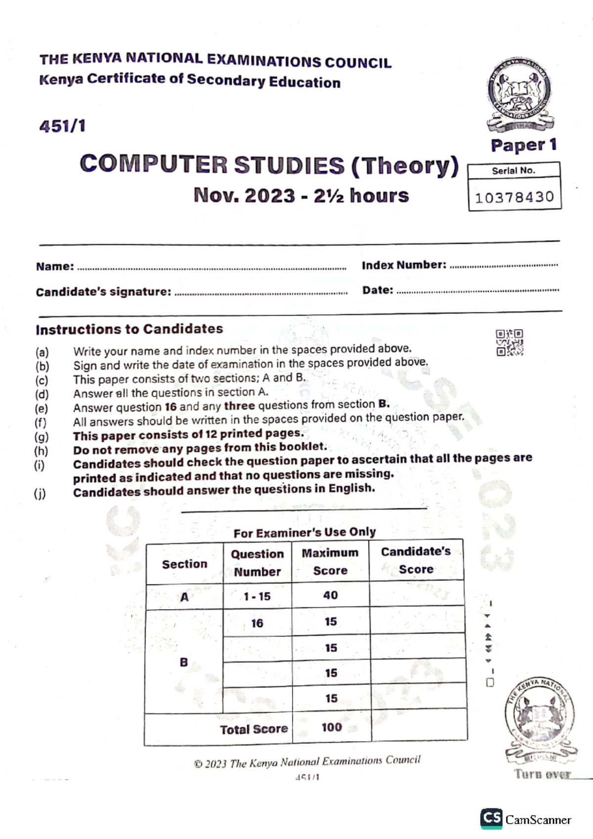 COMP 1037 CS Paper 1 KCSE 2023 - Computer Studies Exam - Studocu