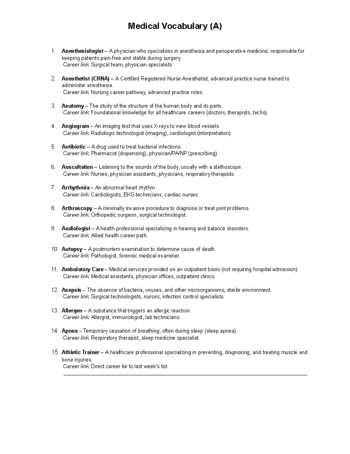 Medical Terms and Vocabulary for Week 2: Key Concepts & Careers - Studocu