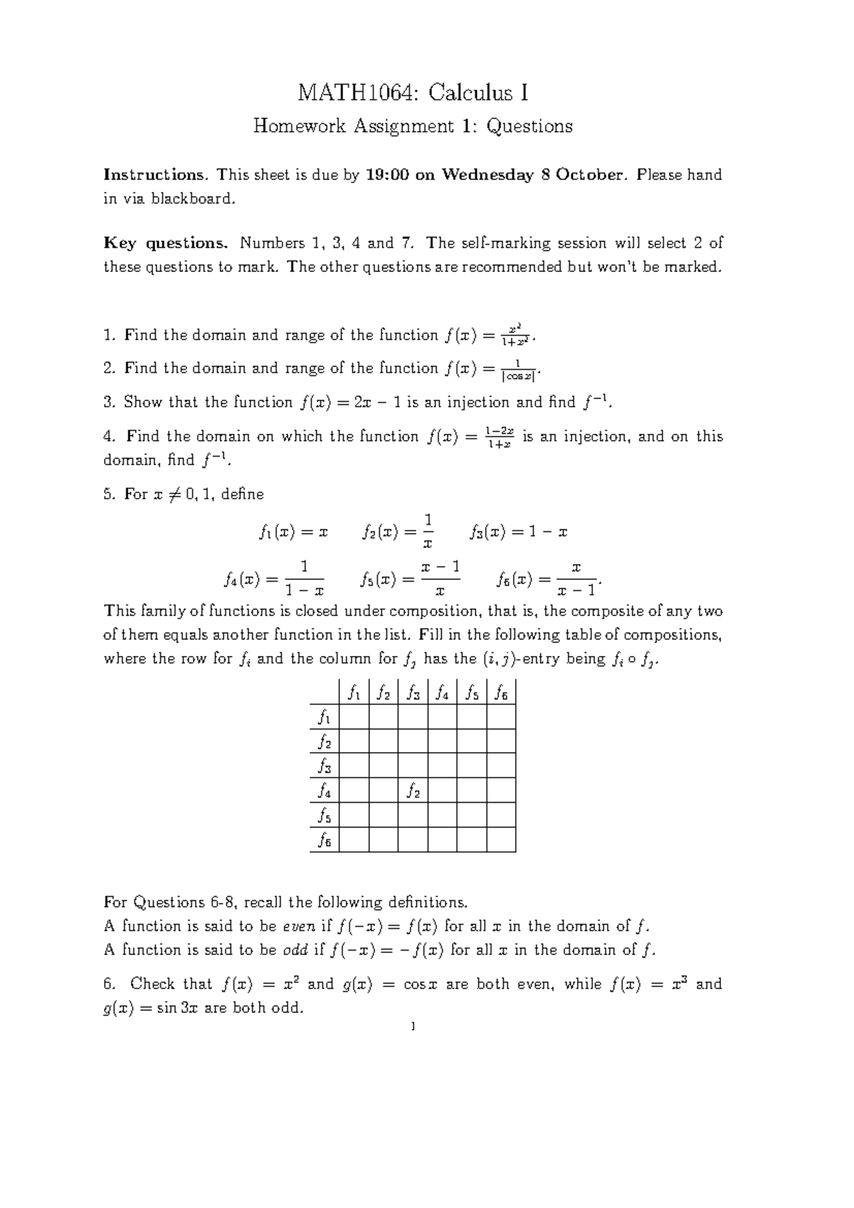 MATH1064: Calculus I Homework Assignment 1 - Functions Overview - Studocu