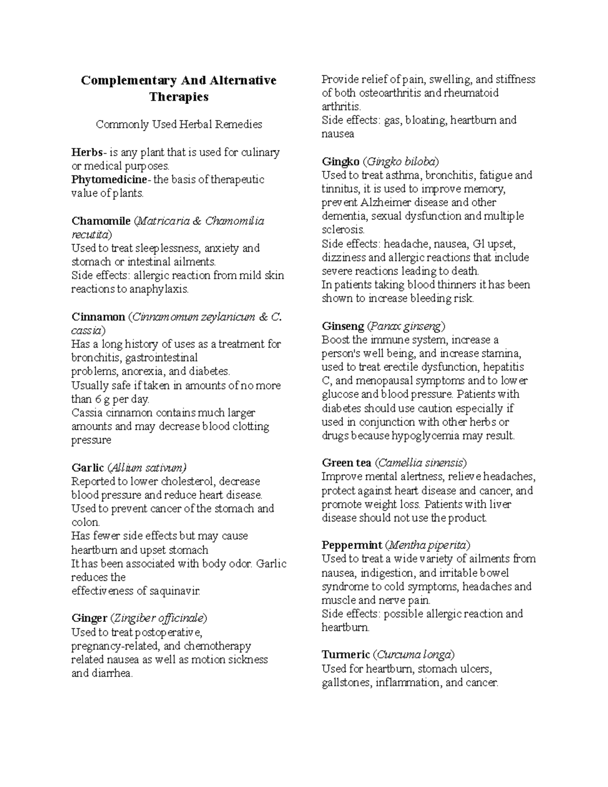 Pharma 4- Complementary And Alternative Therapies Commonly Used Herbal ...