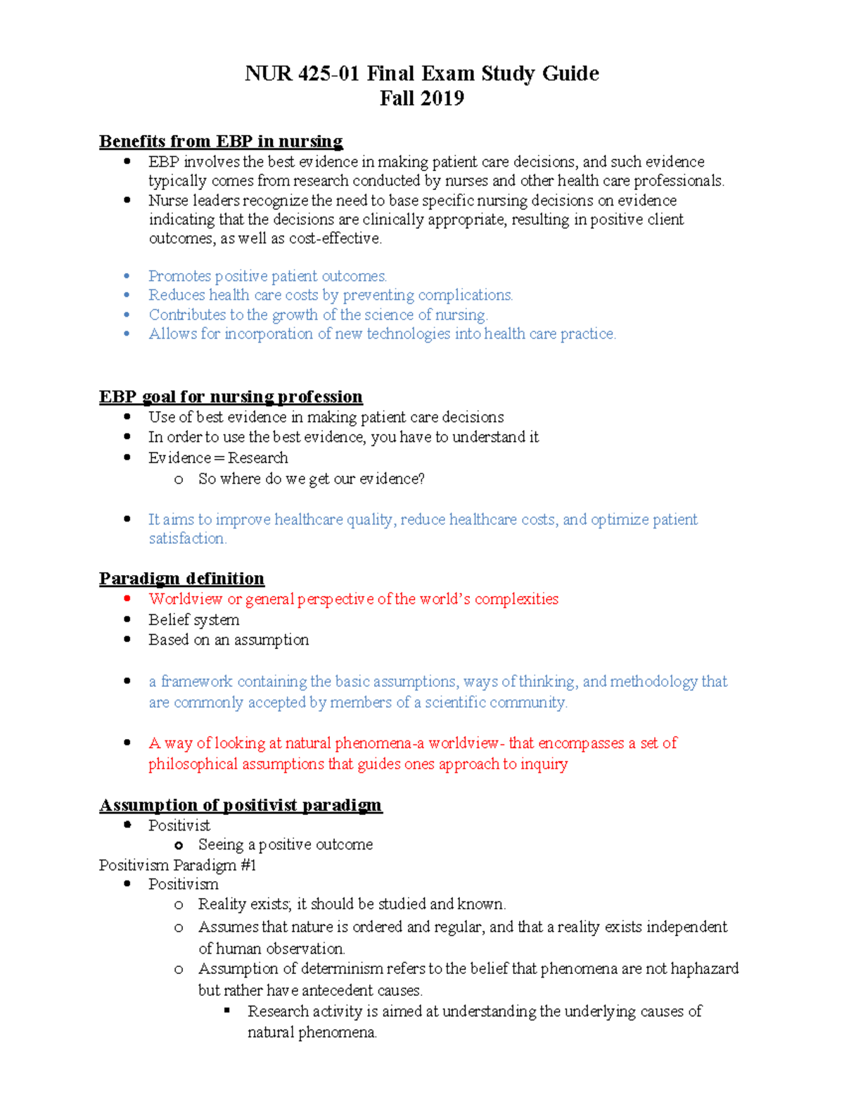 NUR 425-01 Final Exam EBP Study Guide: Key Concepts & Evidence - Studocu