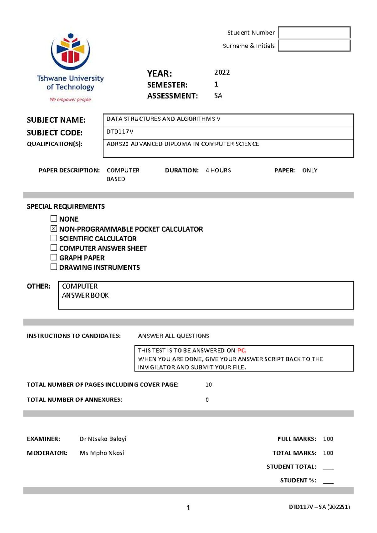 DTD117V SA 2022S1 Data Structures & Algorithms Exam Memo - Studocu